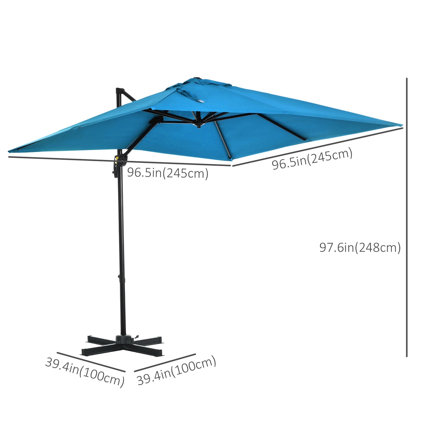 8' x 8' Square Patio Hanging Offset Umbrella with 360° Rotation, Aluminum Outdoor Cantilever Parasol with Crank & Tilt, Sun Canopy Shelter with Cross Base, Turquoise