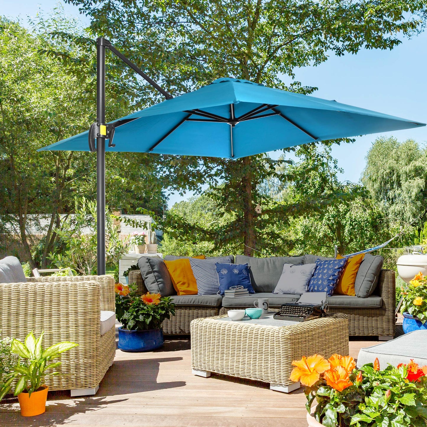 8' x 8' Square Patio Hanging Offset Umbrella with 360° Rotation, Aluminum Outdoor Cantilever Parasol with Crank & Tilt, Sun Canopy Shelter with Cross Base, Turquoise