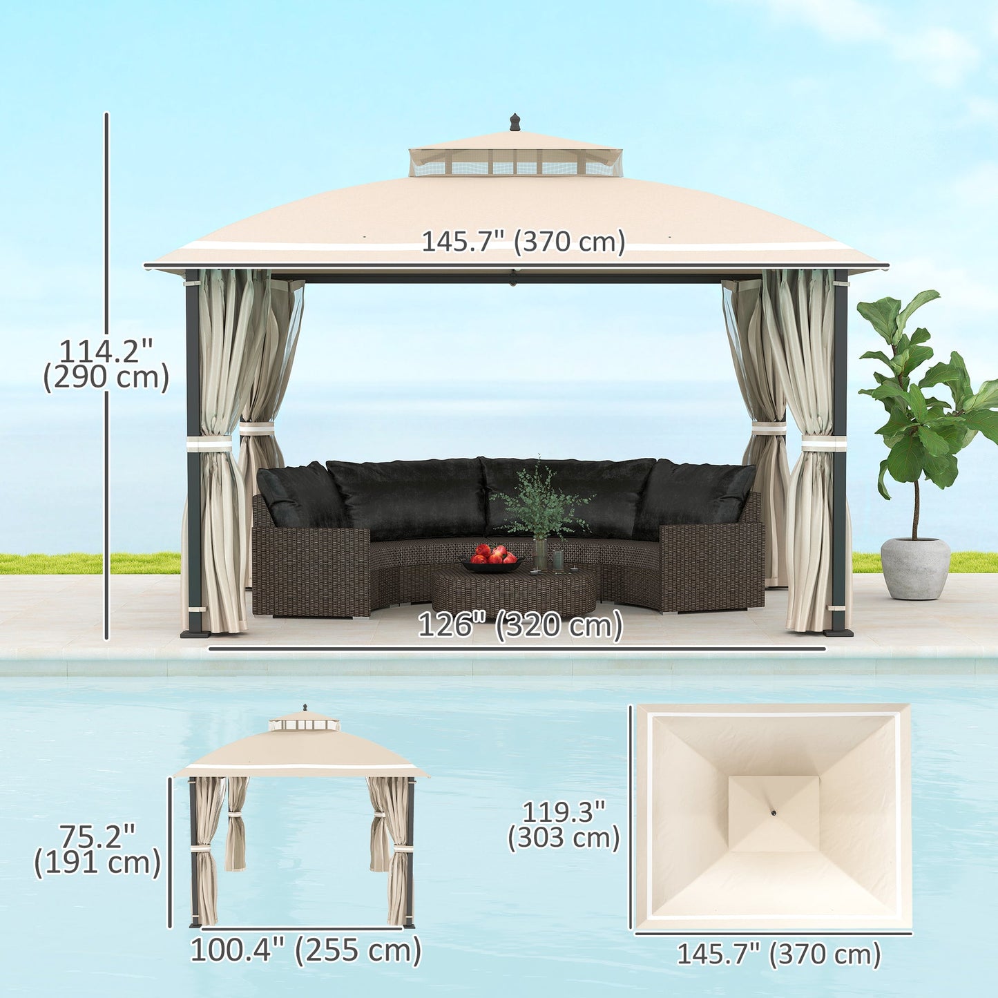  10' x 12' Outdoor Gazebo, Double Roof Patio Gazebo Canopy Shelter with Netting and Curtains for Garden, Lawn, Backyard and Deck