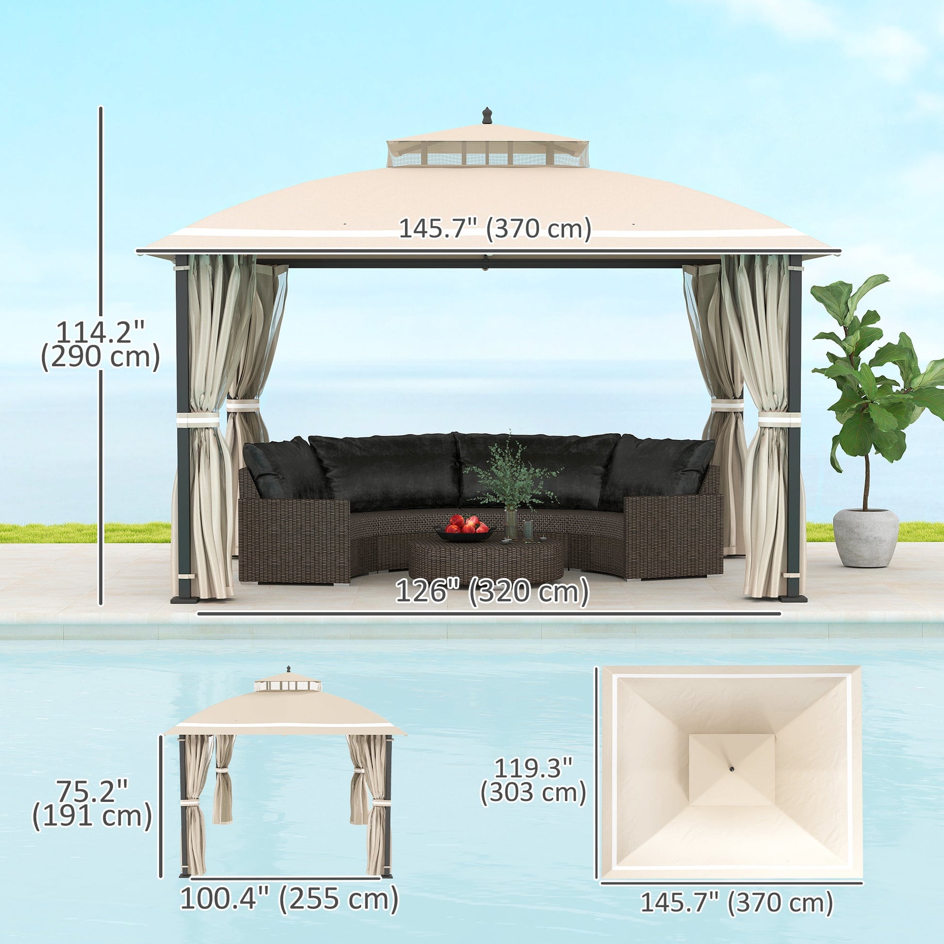  10' x 12' Outdoor Gazebo, Double Roof Patio Gazebo Canopy Shelter with Netting and Curtains for Garden, Lawn, Backyard and Deck