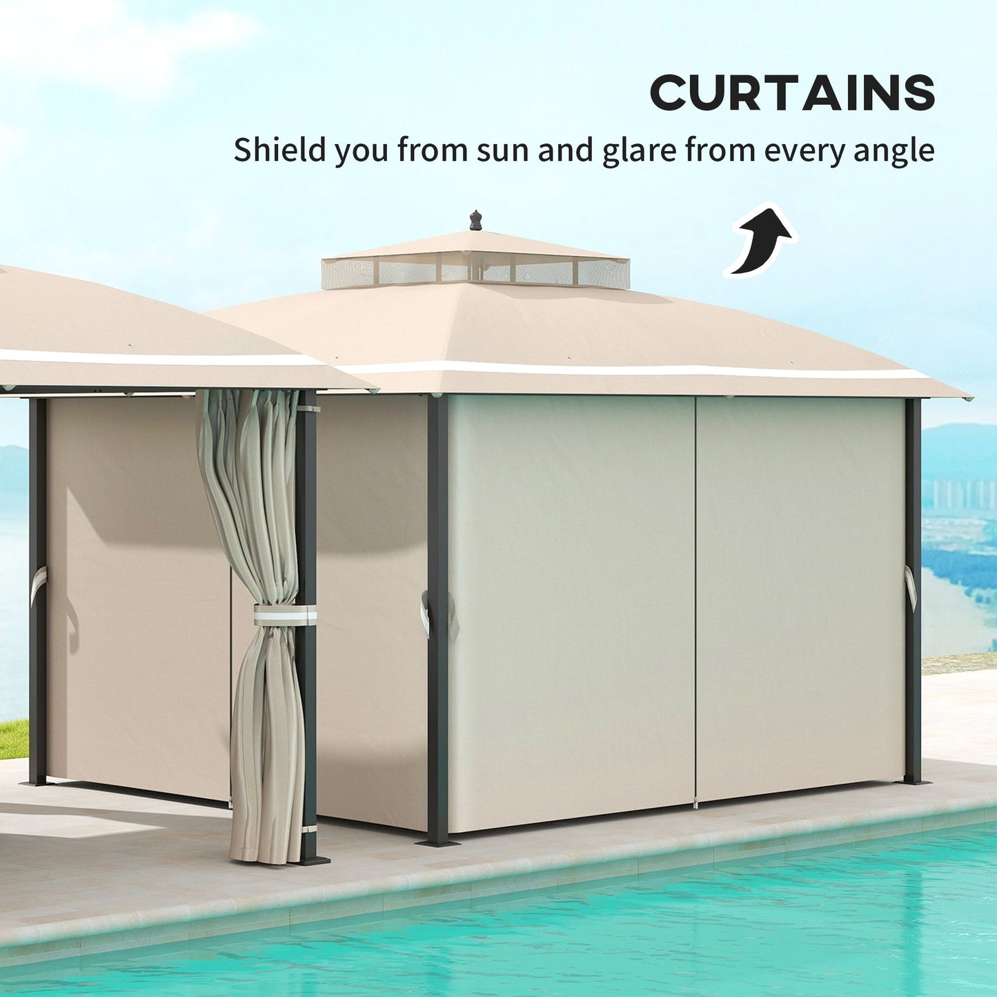  10' x 12' Outdoor Gazebo, Double Roof Patio Gazebo Canopy Shelter with Netting and Curtains for Garden, Lawn, Backyard and Deck