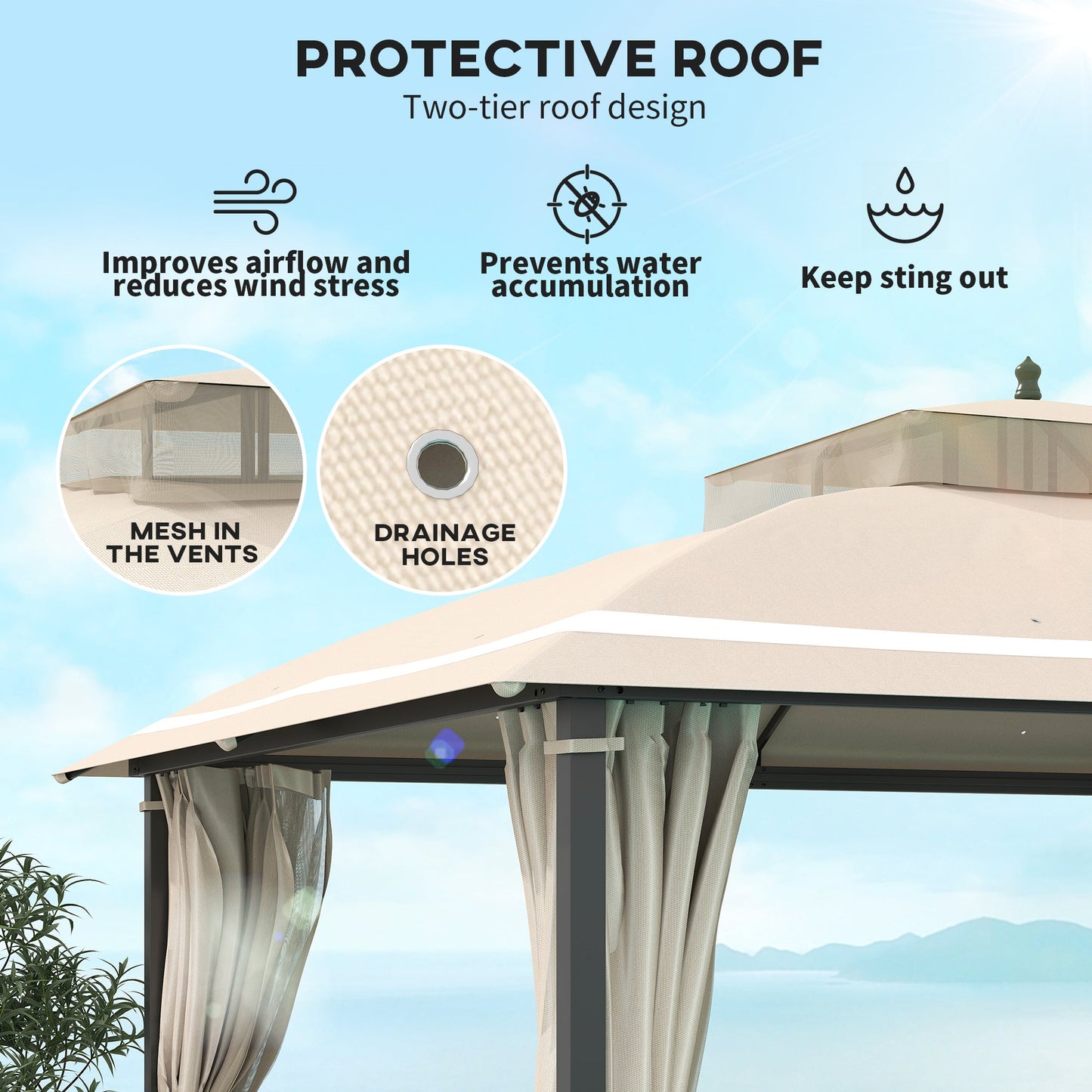  10' x 12' Outdoor Gazebo, Double Roof Patio Gazebo Canopy Shelter with Netting and Curtains for Garden, Lawn, Backyard and Deck