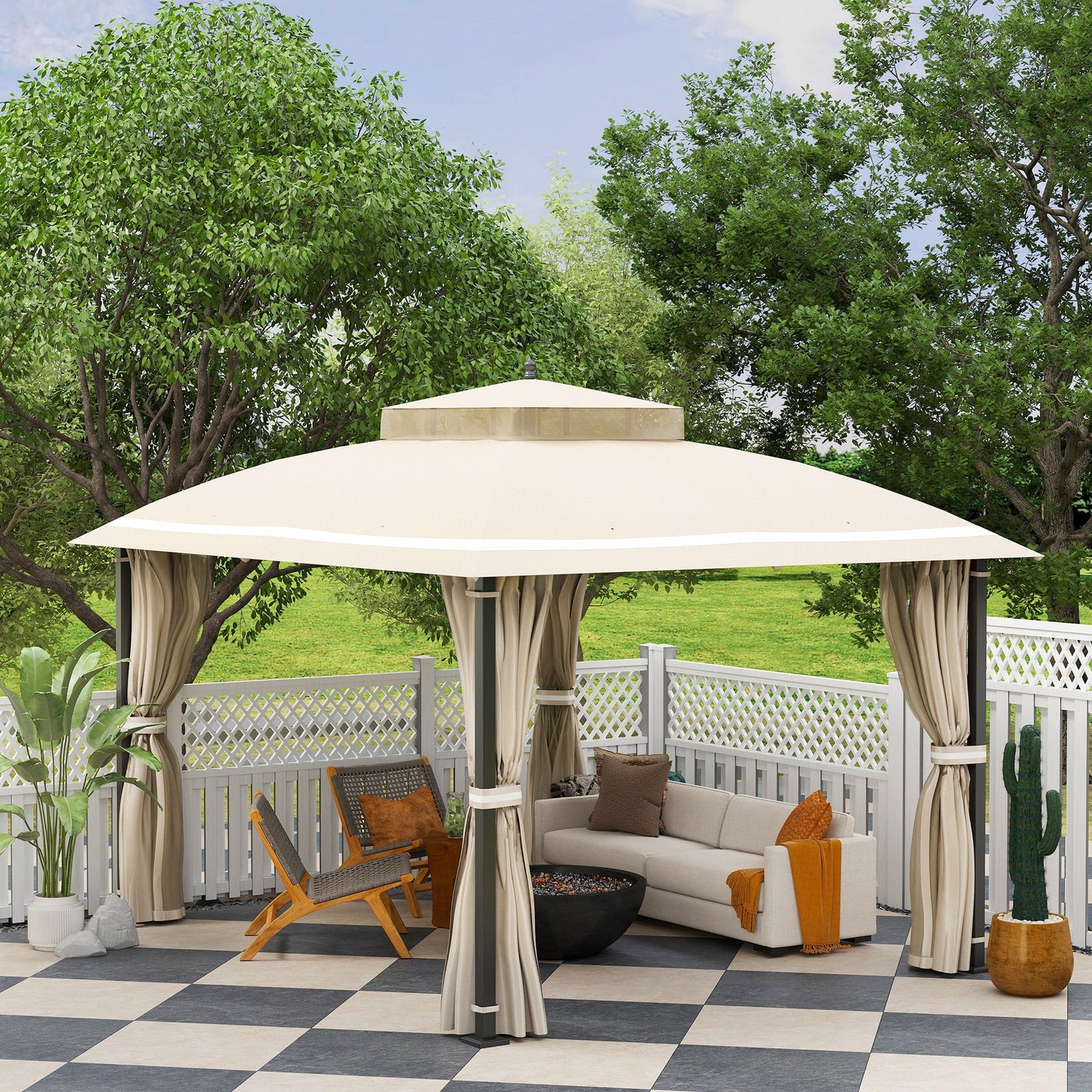  10' x 12' Outdoor Gazebo, Double Roof Patio Gazebo Canopy Shelter with Netting and Curtains for Garden, Lawn, Backyard and Deck