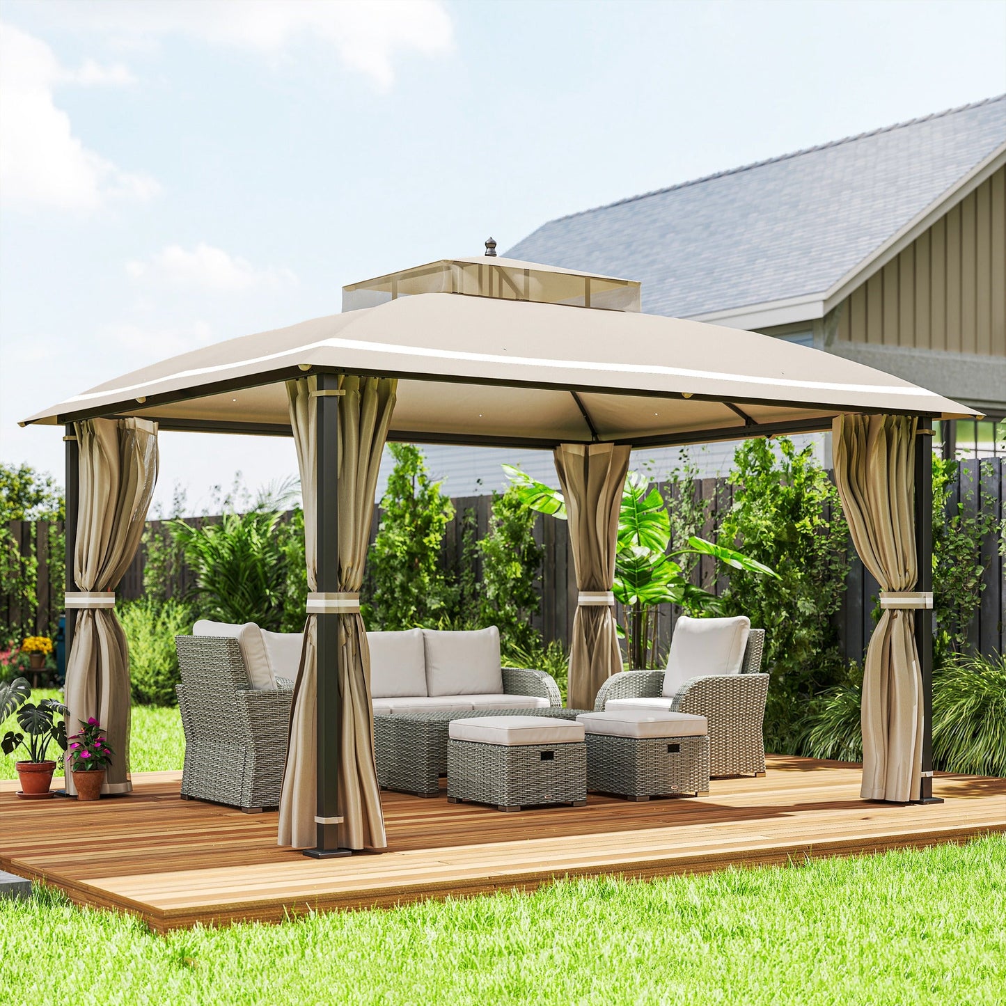  10' x 12' Outdoor Gazebo, Double Roof Patio Gazebo Canopy Shelter with Netting and Curtains for Garden, Lawn, Backyard and Deck