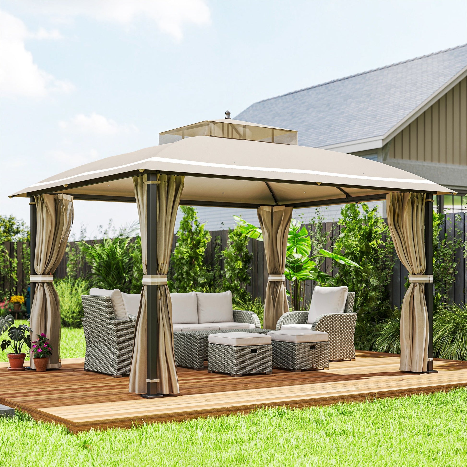  10' x 12' Outdoor Gazebo, Double Roof Patio Gazebo Canopy Shelter with Netting and Curtains for Garden, Lawn, Backyard and Deck