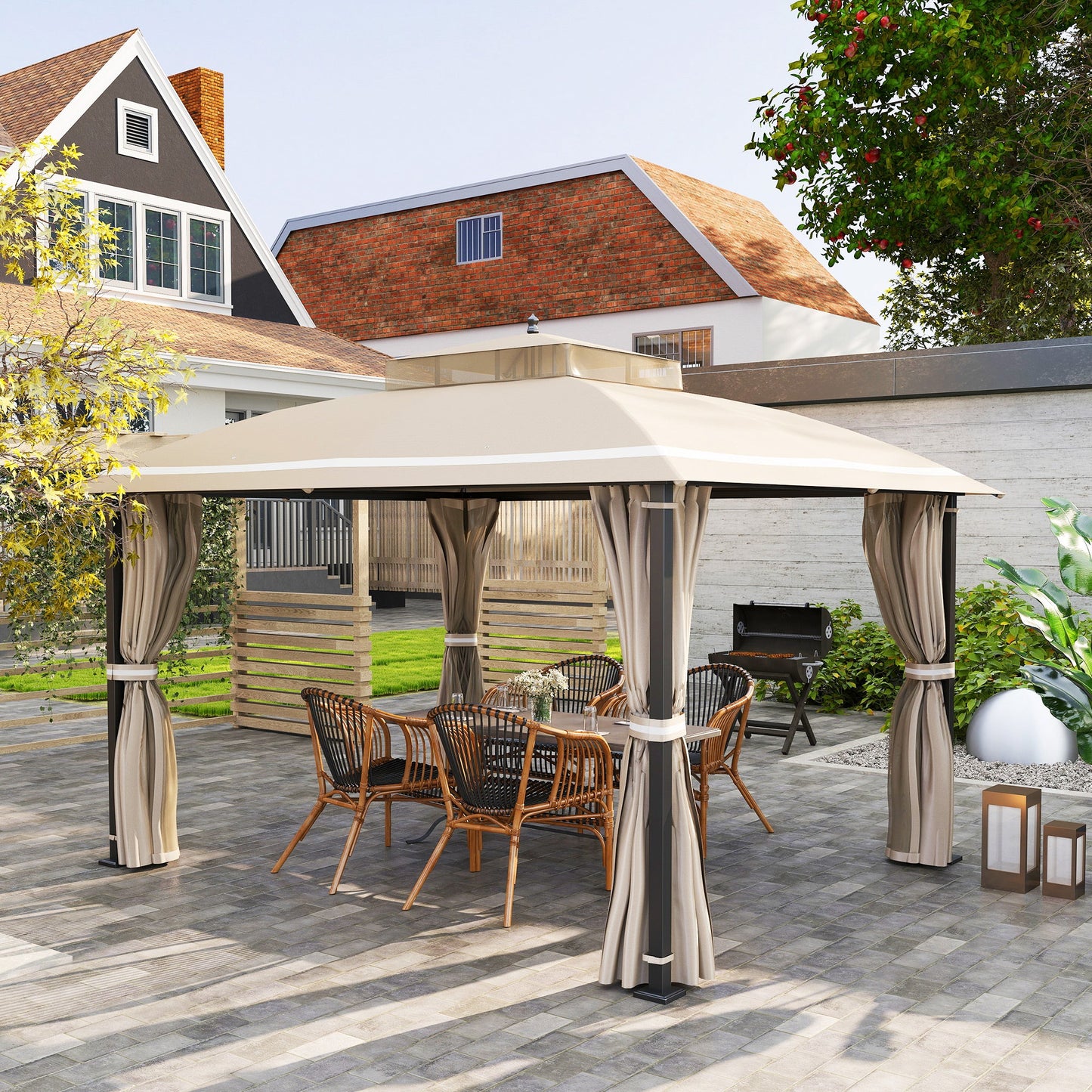  10' x 12' Outdoor Gazebo, Double Roof Patio Gazebo Canopy Shelter with Netting and Curtains for Garden, Lawn, Backyard and Deck