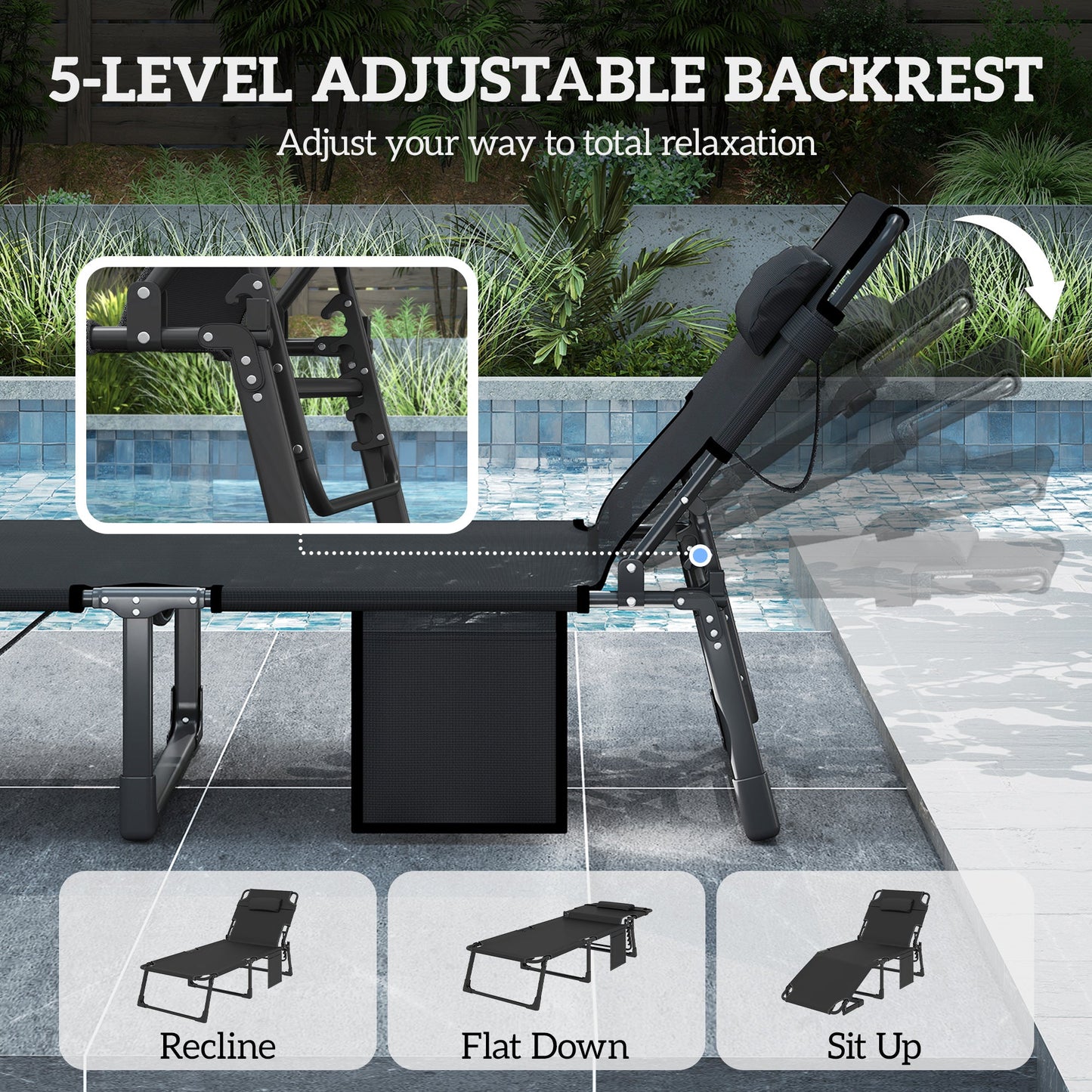 Lounge Chair Outdoor, 75 cm Wide Folding Chaise Lounge Tanning Chair, 5-Position Beach Patio Lounger Camping Cot Bed with Cushion, Side Pocket, Dark Grey/Blue
