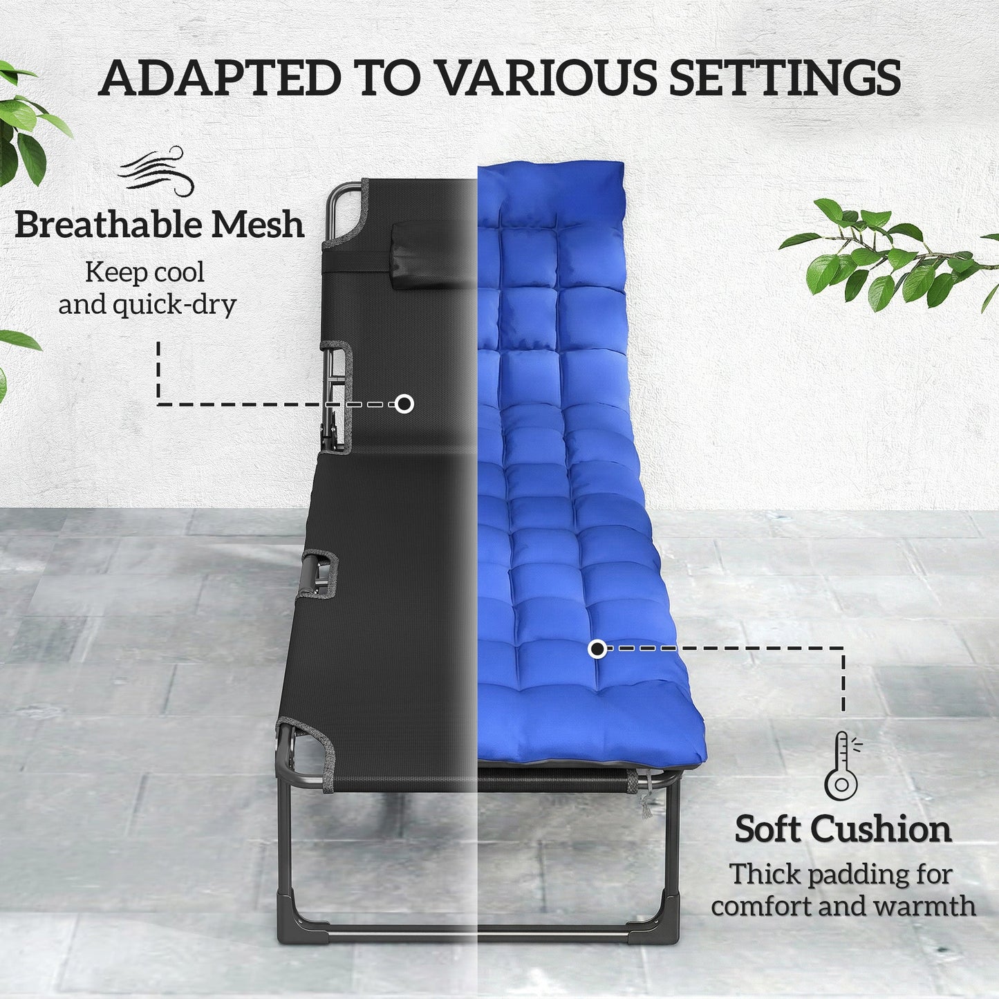 Lounge Chair Outdoor, 75 cm Wide Folding Chaise Lounge Tanning Chair, 5-Position Beach Patio Lounger Camping Cot Bed with Cushion, Side Pocket, Dark Grey/Blue