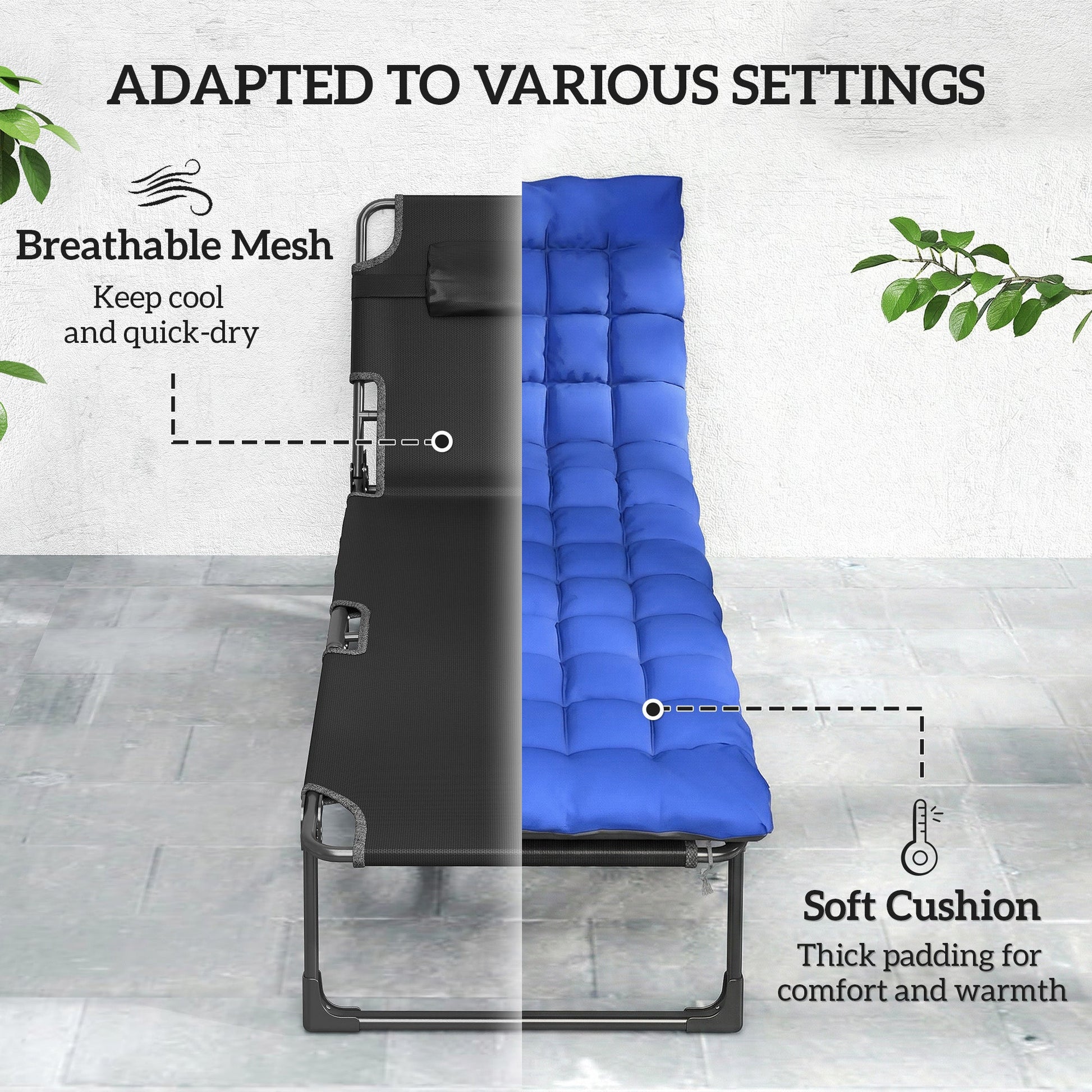 Lounge Chair Outdoor, 75 cm Wide Folding Chaise Lounge Tanning Chair, 5-Position Beach Patio Lounger Camping Cot Bed with Cushion, Side Pocket, Dark Grey/Blue