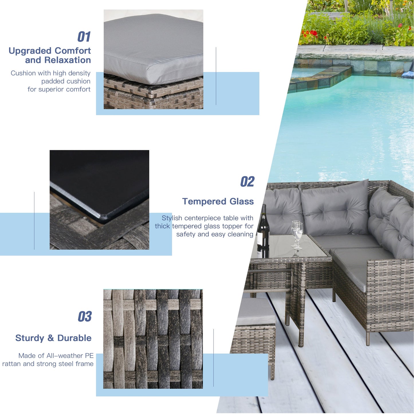 6 Pieces Patio Dining Set Wicker Outdoor Furniture Set Garden Rattan Sofa Set Outdoor Sectional Couch with Cushions, Dining Table and Ottomans, Grey