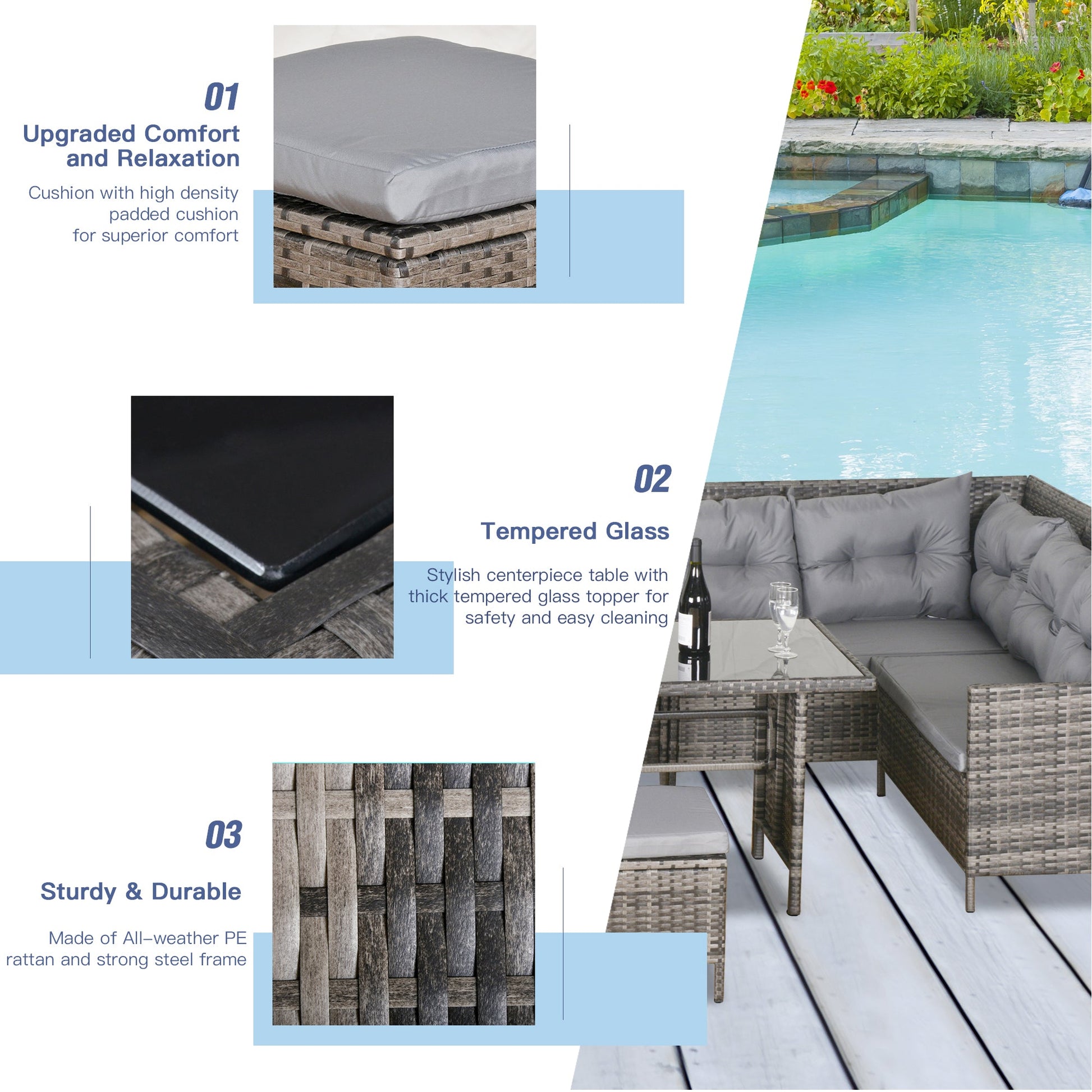 6 Pieces Patio Dining Set Wicker Outdoor Furniture Set Garden Rattan Sofa Set Outdoor Sectional Couch with Cushions, Dining Table and Ottomans, Grey