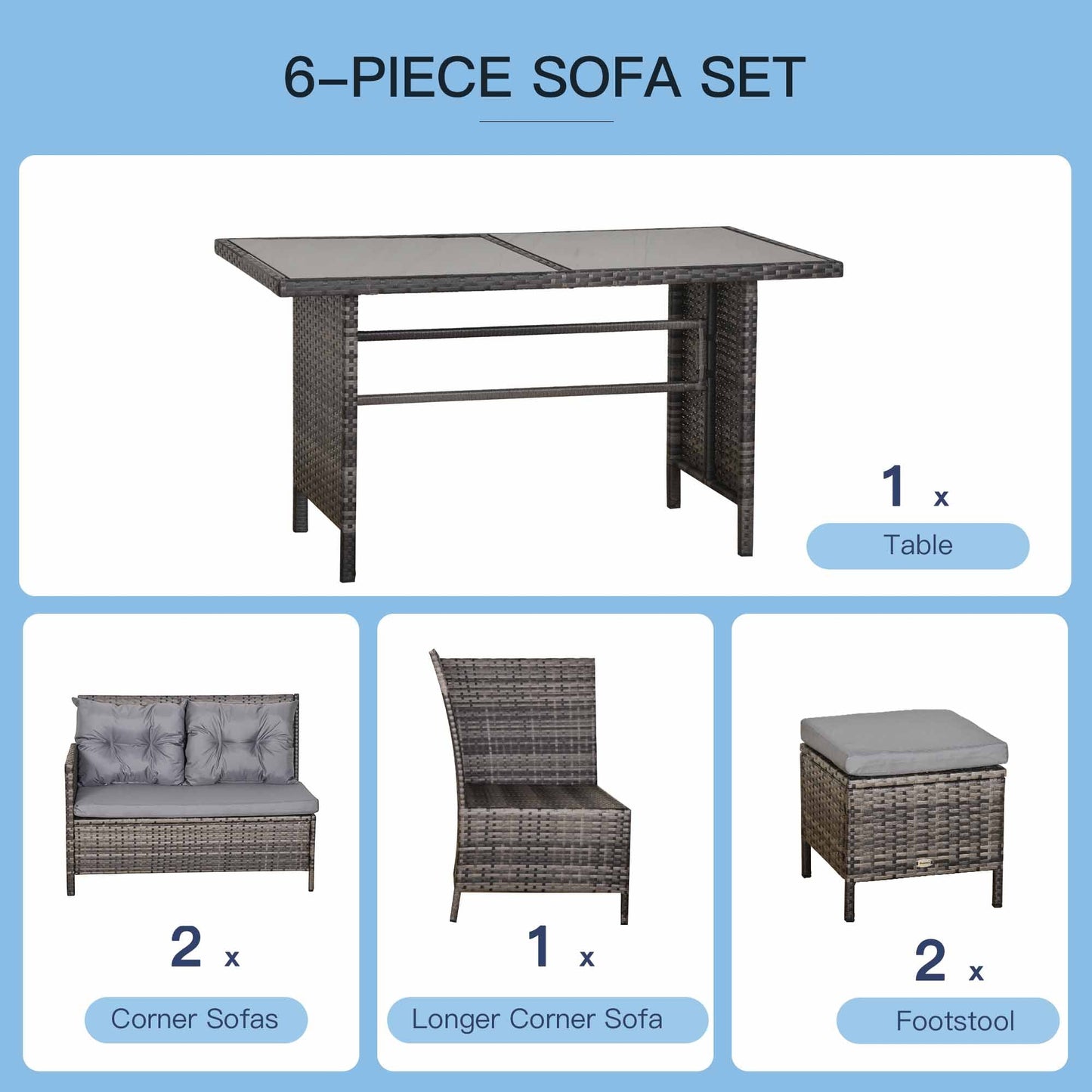 6 Pieces Patio Dining Set Wicker Outdoor Furniture Set Garden Rattan Sofa Set Outdoor Sectional Couch with Cushions, Dining Table and Ottomans, Grey