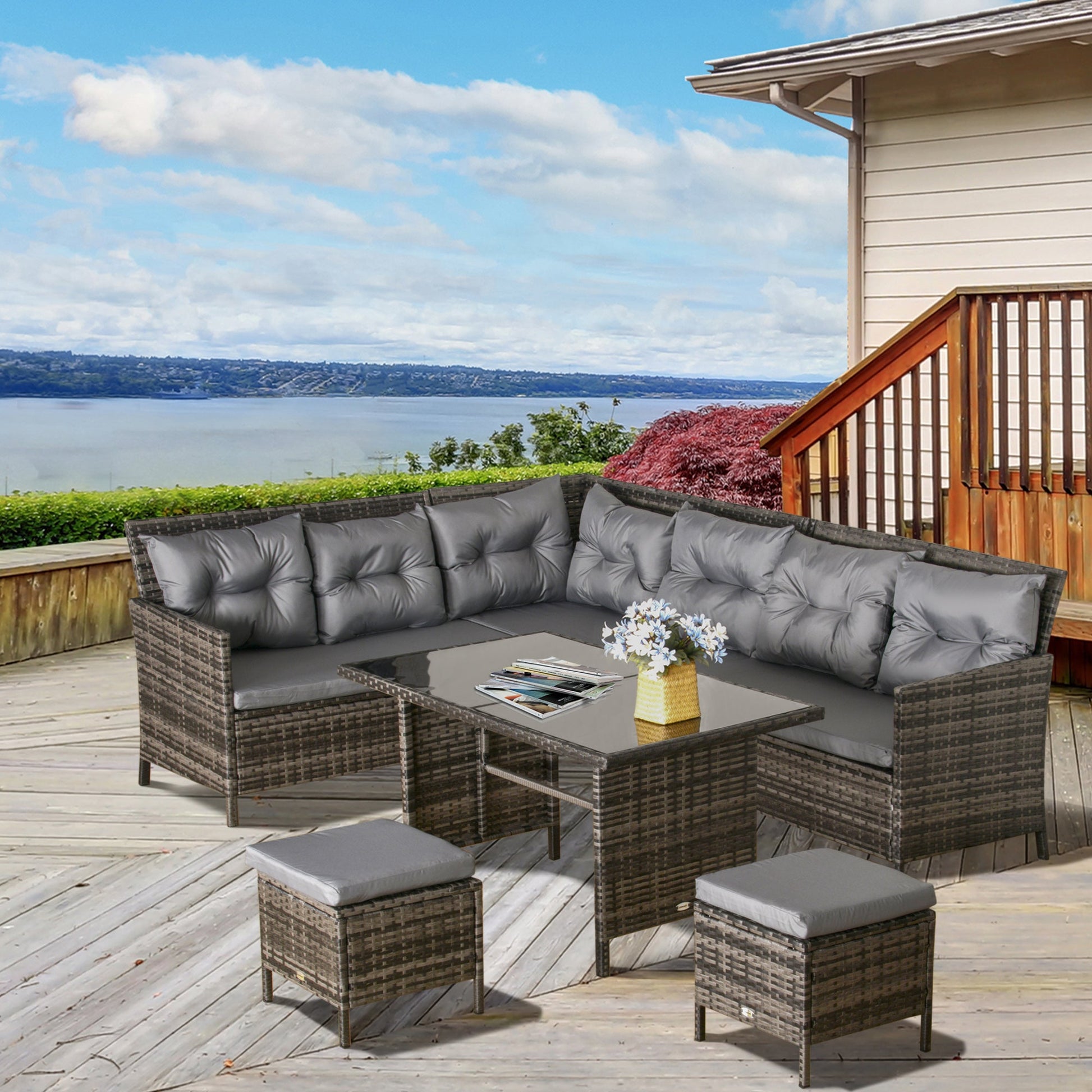6 Pieces Patio Dining Set Wicker Outdoor Furniture Set Garden Rattan Sofa Set Outdoor Sectional Couch with Cushions, Dining Table and Ottomans, Grey