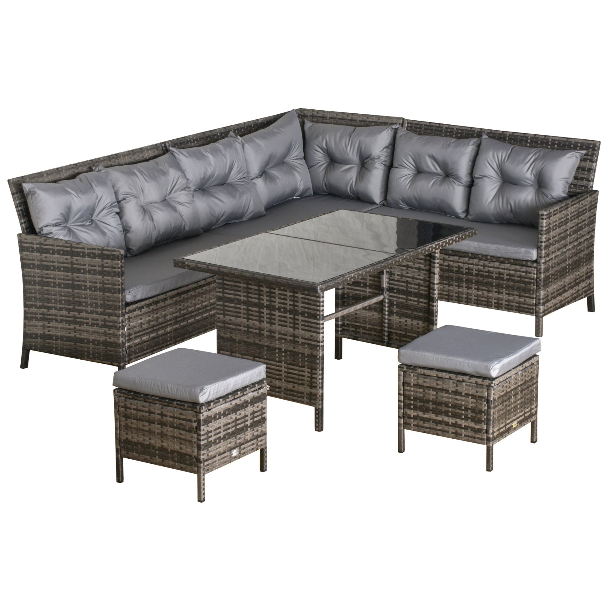 6 Pieces Patio Dining Set Wicker Outdoor Furniture Set Garden Rattan Sofa Set Outdoor Sectional Couch with Cushions, Dining Table and Ottomans, Grey