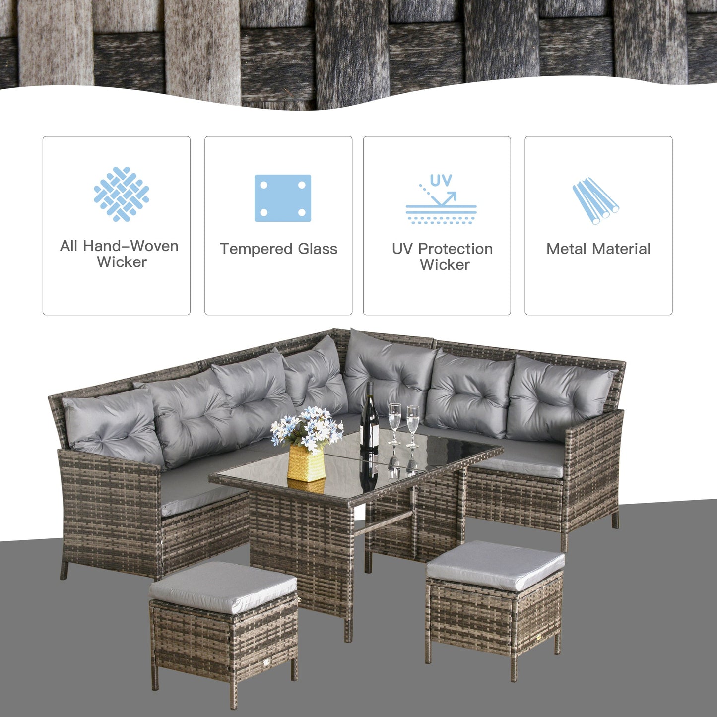 6 Pieces Patio Dining Set Wicker Outdoor Furniture Set Garden Rattan Sofa Set Outdoor Sectional Couch with Cushions, Dining Table and Ottomans, Grey