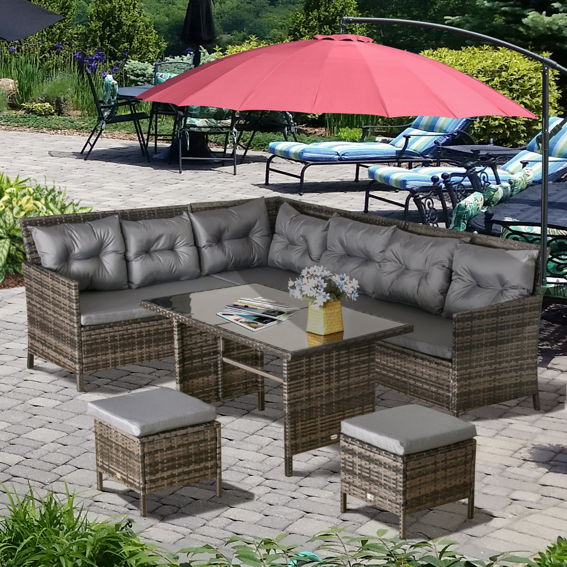 6 Pieces Patio Dining Set Wicker Outdoor Furniture Set Garden Rattan Sofa Set Outdoor Sectional Couch with Cushions, Dining Table and Ottomans, Grey