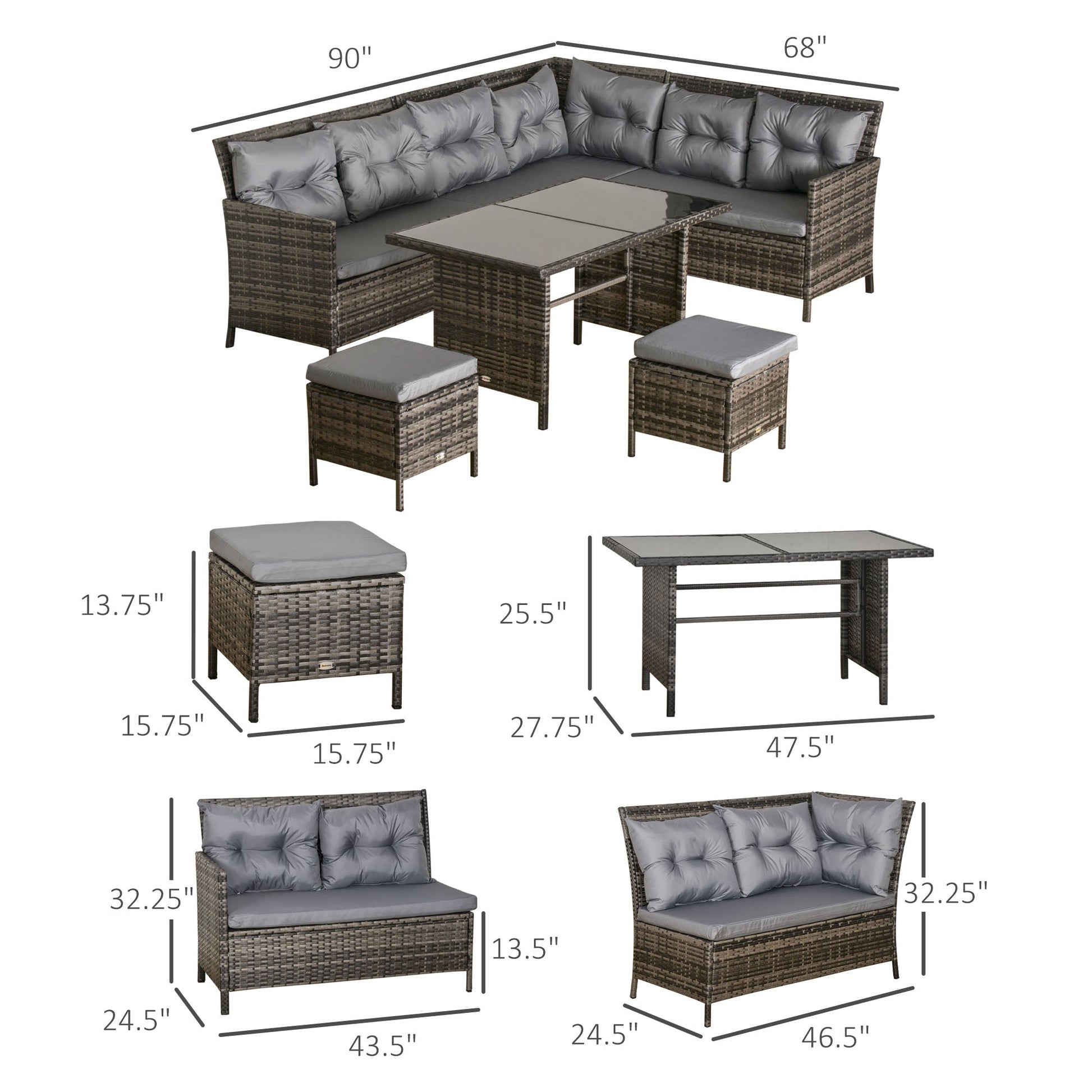6 Pieces Patio Dining Set Wicker Outdoor Furniture Set Garden Rattan Sofa Set Outdoor Sectional Couch with Cushions, Dining Table and Ottomans, Grey