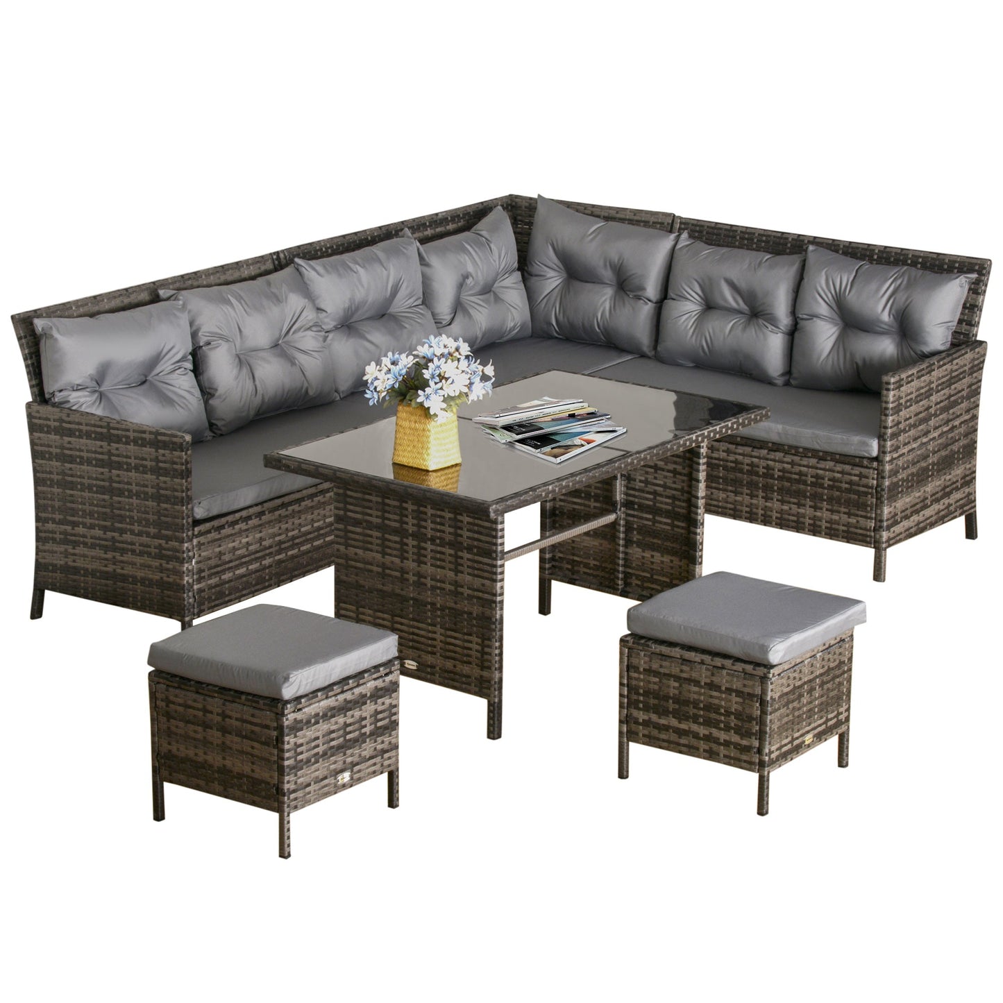 6 Pieces Patio Dining Set Wicker Outdoor Furniture Set Garden Rattan Sofa Set Outdoor Sectional Couch with Cushions, Dining Table and Ottomans, Grey