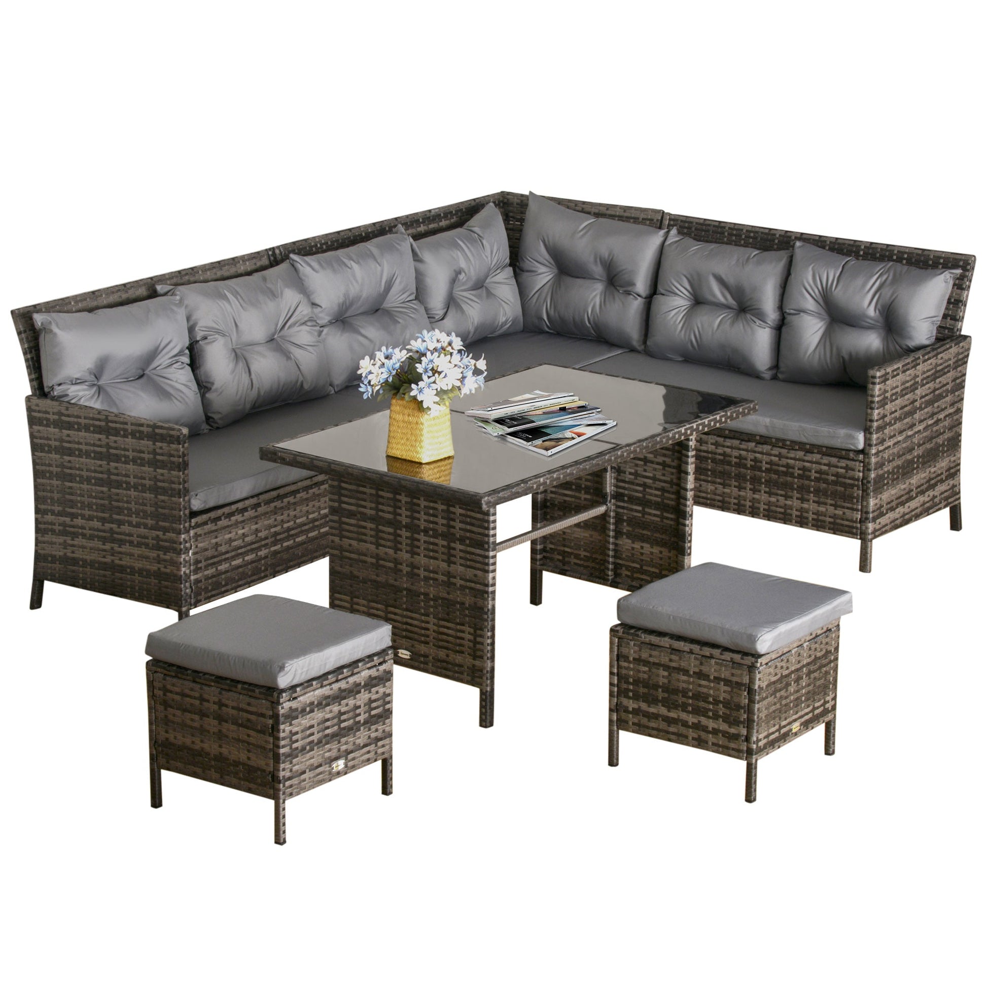 6 Pieces Patio Dining Set Wicker Outdoor Furniture Set Garden Rattan Sofa Set Outdoor Sectional Couch with Cushions, Dining Table and Ottomans, Grey