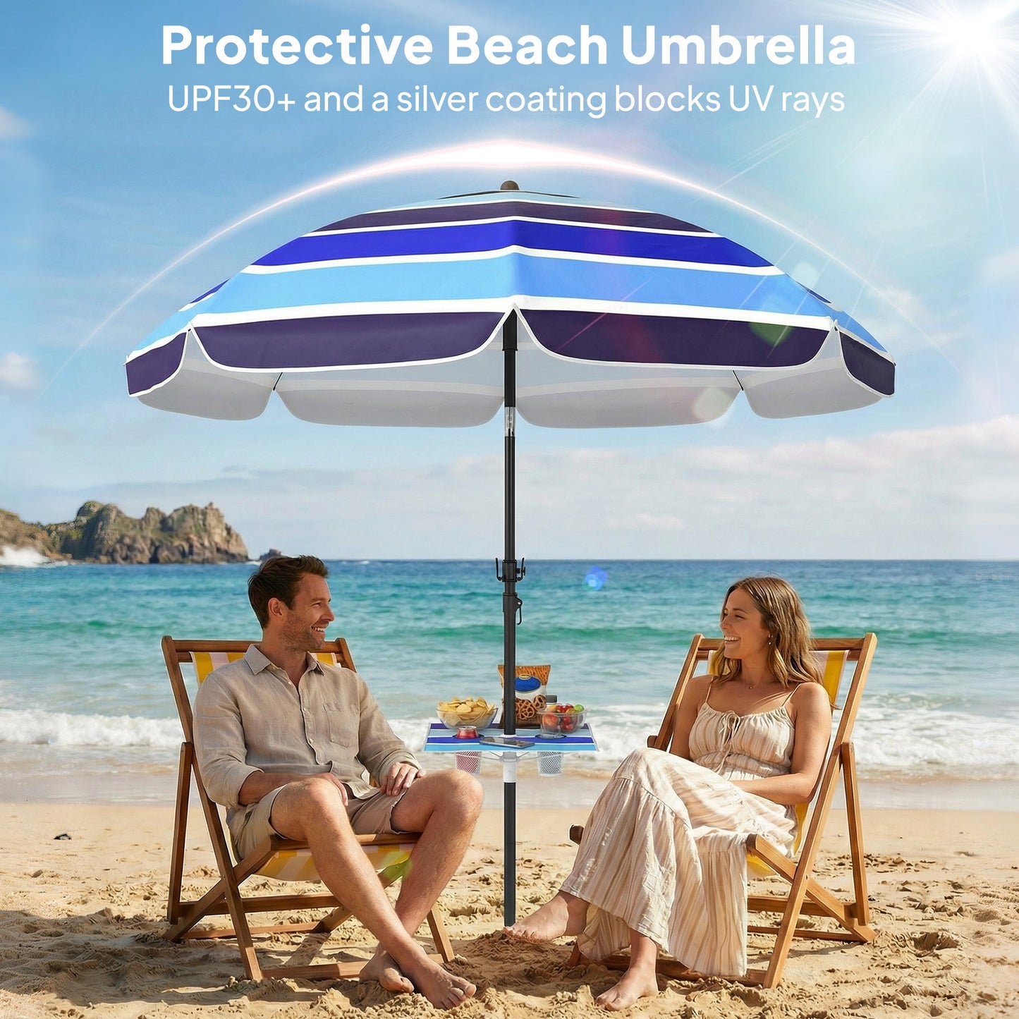 78" Beach Umbrella with Foldable Table and Cup Holder, Adjustable Tilt, Portable with Carry Bag and Hook for Outdoor, Patio, Beach, Multicolor