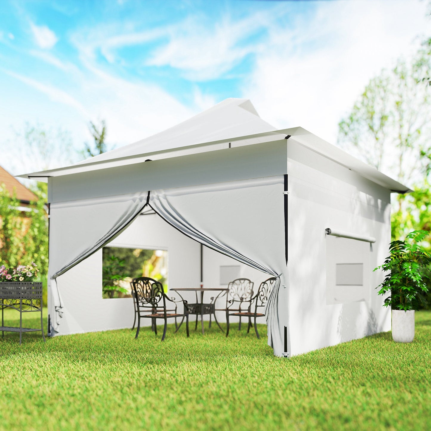 12 x 12 ft Pop Up Canopy Tent with Peak Top, UPF 50+ 420D Fabric, Outdoor Instant Portable Canopy Shelter with Sidewalls, Side Pockets, Wheeled Carry Bag, Sandbags, Silver
