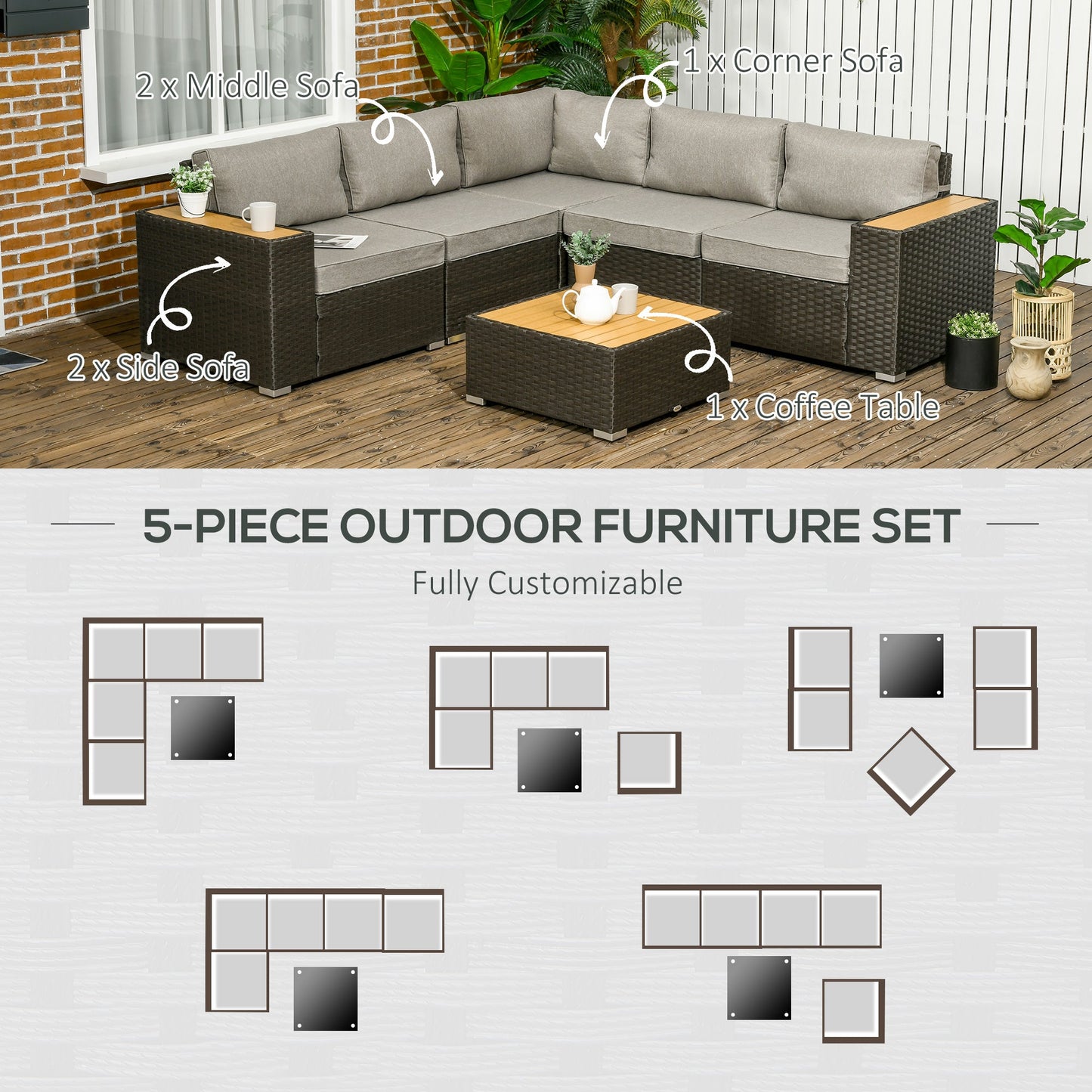 6 Pieces Rattan Patio Furniture Set, 5 Seater Sectional Outdoor Furniture with Wicker Corner Sofa and Wood-Plastic Coffee Table for Deck, Porch, Garden, Light Grey