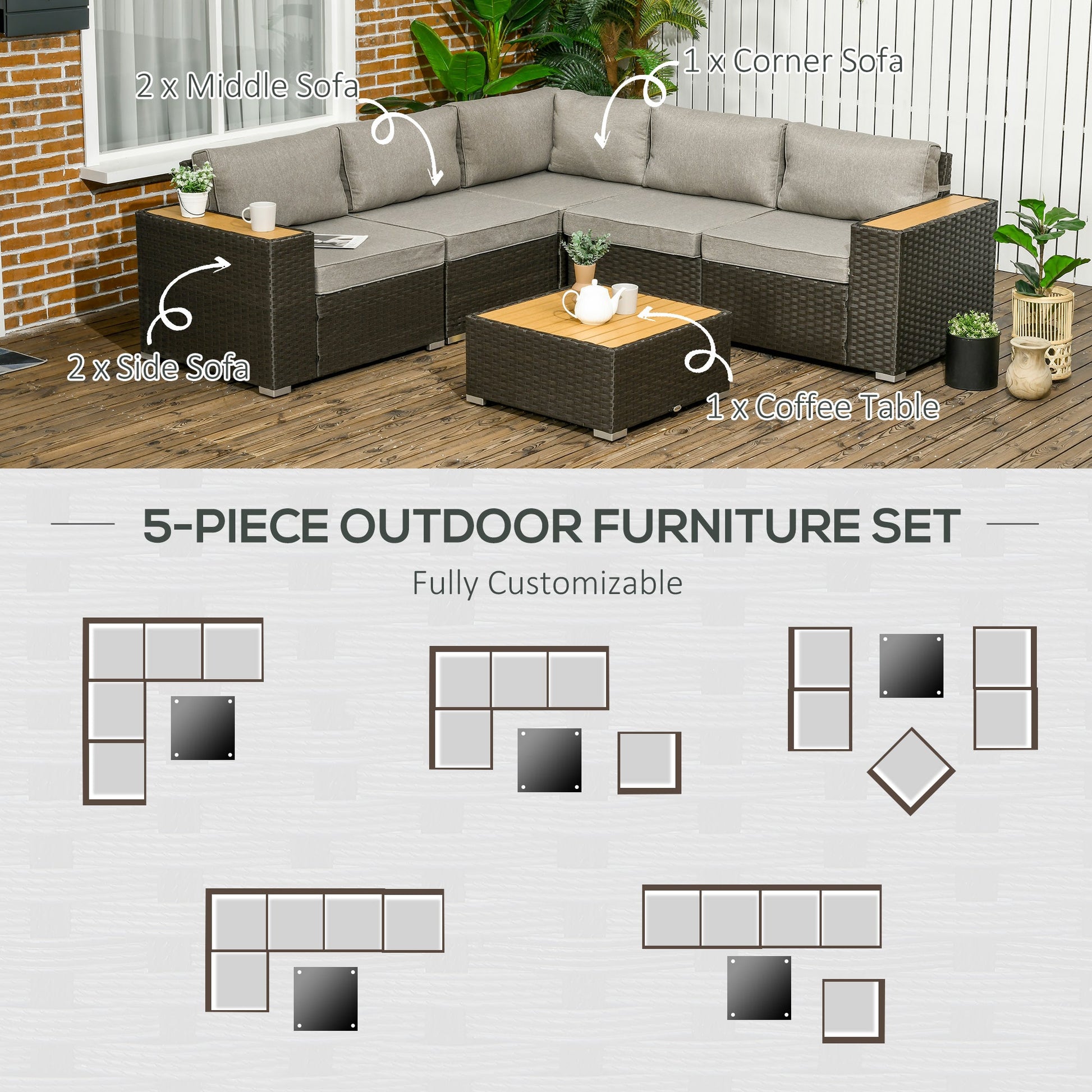 6 Pieces Rattan Patio Furniture Set, 5 Seater Sectional Outdoor Furniture with Wicker Corner Sofa and Wood-Plastic Coffee Table for Deck, Porch, Garden, Light Grey