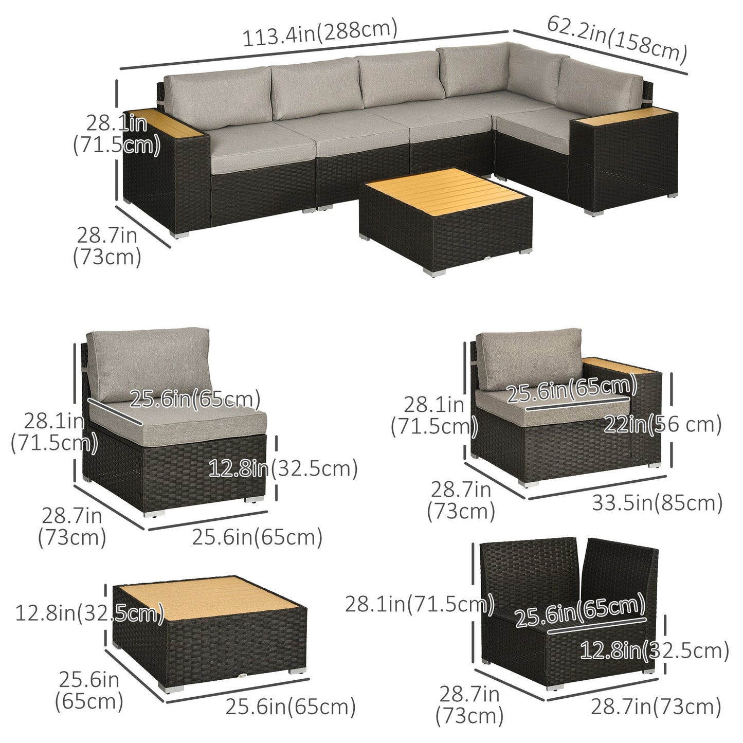6 Pieces Rattan Patio Furniture Set, 5 Seater Sectional Outdoor Furniture with Wicker Corner Sofa and Wood-Plastic Coffee Table for Deck, Porch, Garden, Light Grey
