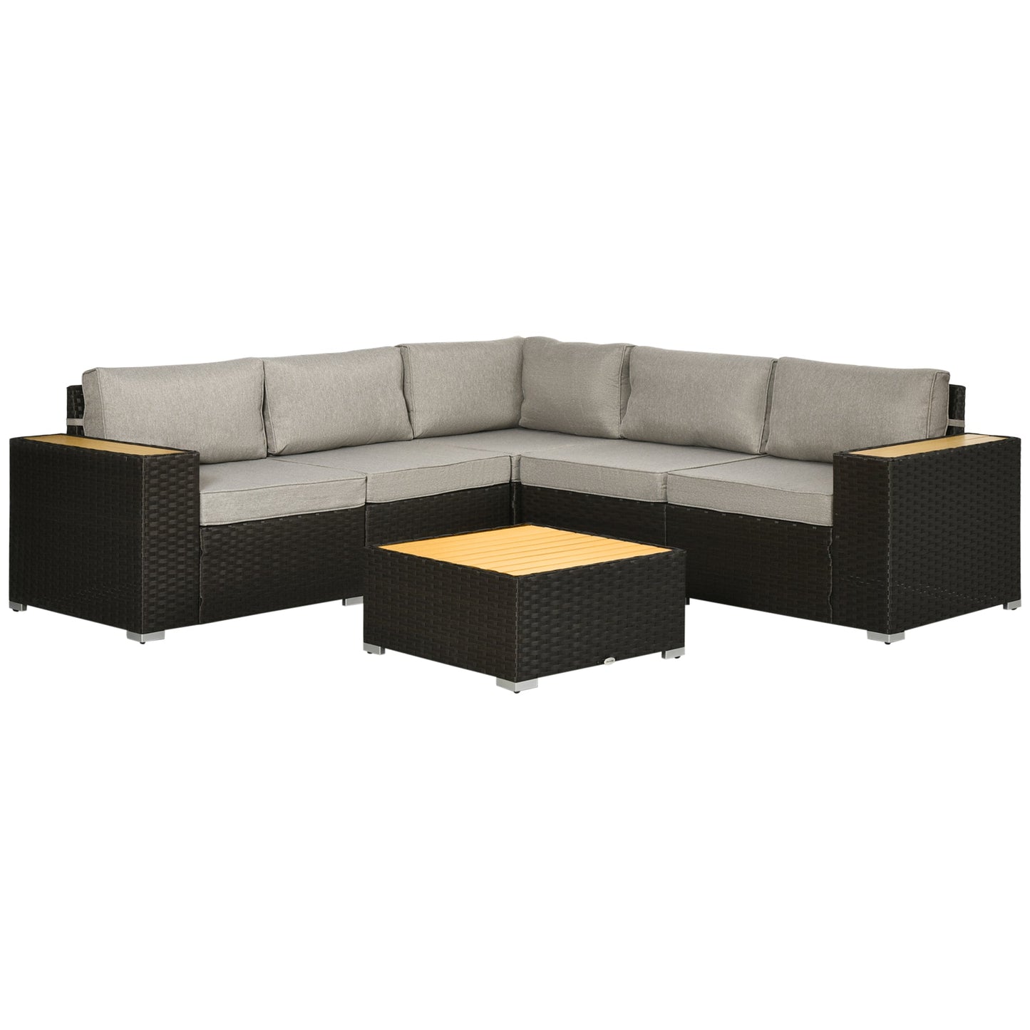 6 Pieces Rattan Patio Furniture Set, 5 Seater Sectional Outdoor Furniture with Wicker Corner Sofa and Wood-Plastic Coffee Table for Deck, Porch, Garden, Light Grey