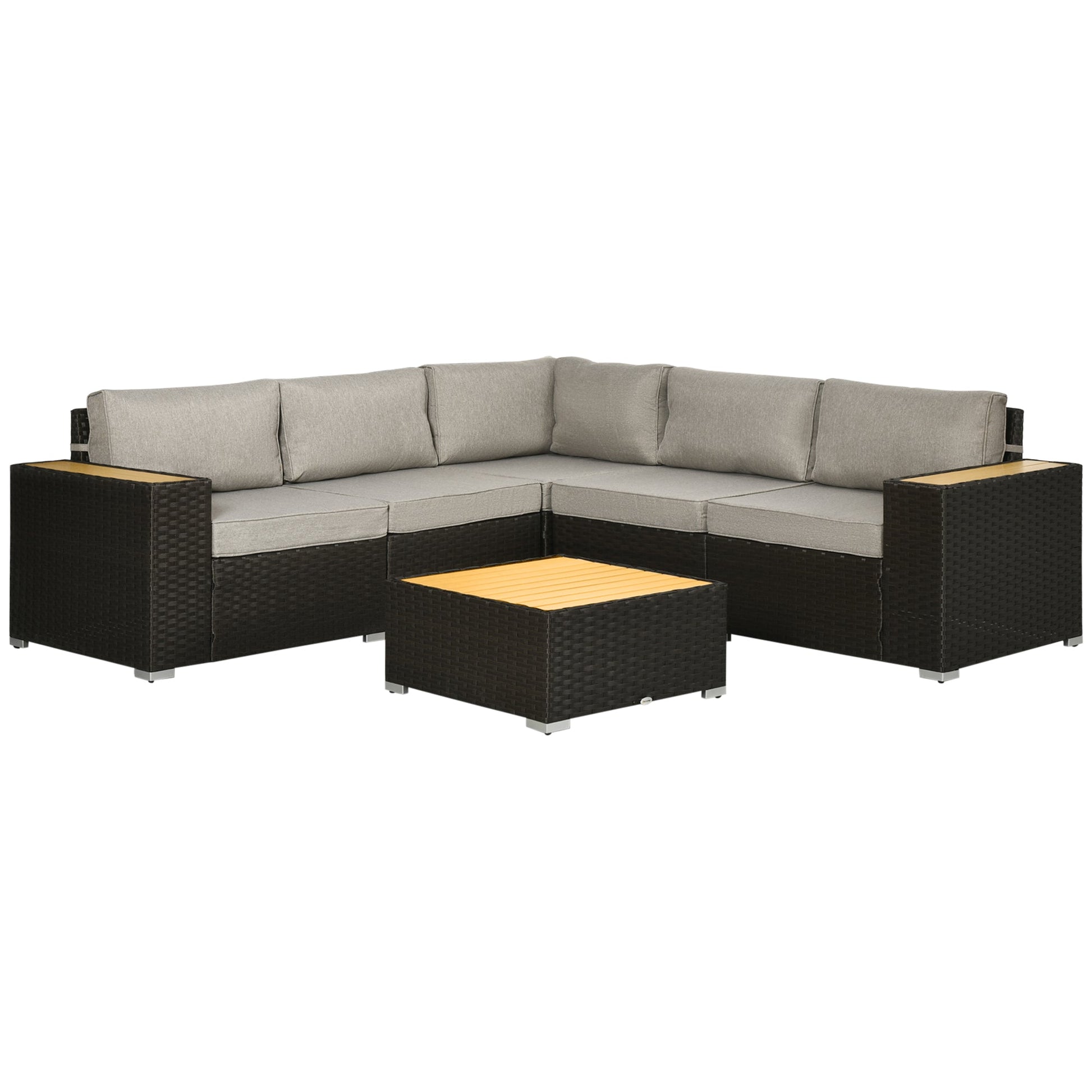 6 Pieces Rattan Patio Furniture Set, 5 Seater Sectional Outdoor Furniture with Wicker Corner Sofa and Wood-Plastic Coffee Table for Deck, Porch, Garden, Light Grey