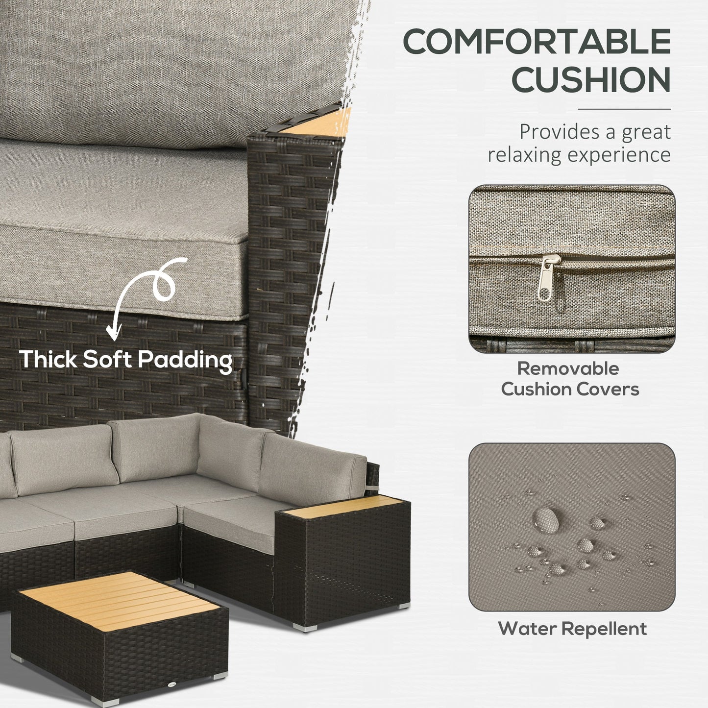6 Pieces Rattan Patio Furniture Set, 5 Seater Sectional Outdoor Furniture with Wicker Corner Sofa and Wood-Plastic Coffee Table for Deck, Porch, Garden, Light Grey