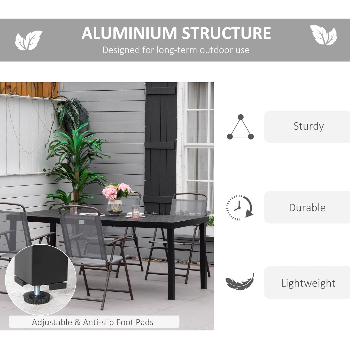 75" x 35" Outdoor Dining Table for 8 People, Rectangular Aluminum Frame Garden Table with All-Weather Faux Wood Top for Garden, Lawn, Patio, Black