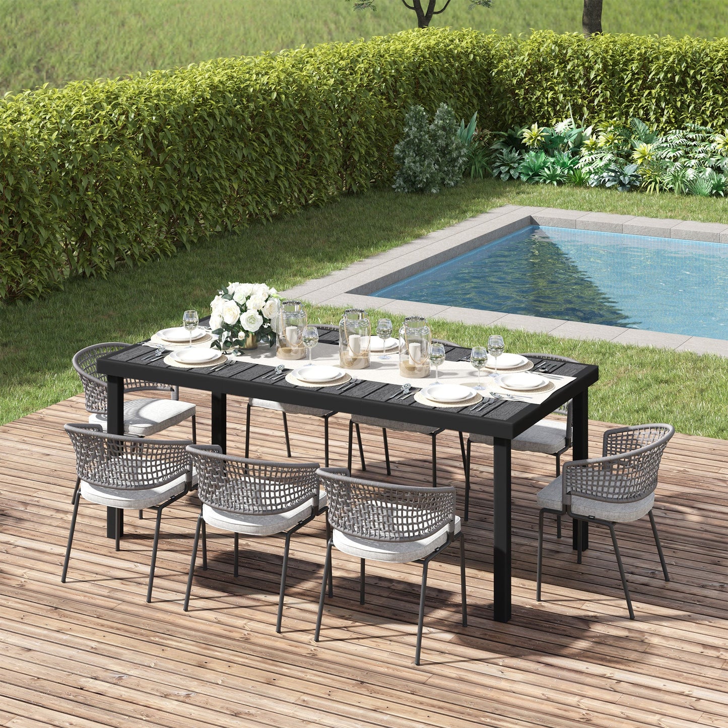 75" x 35" Outdoor Dining Table for 8 People, Rectangular Aluminum Frame Garden Table with All-Weather Faux Wood Top for Garden, Lawn, Patio, Black