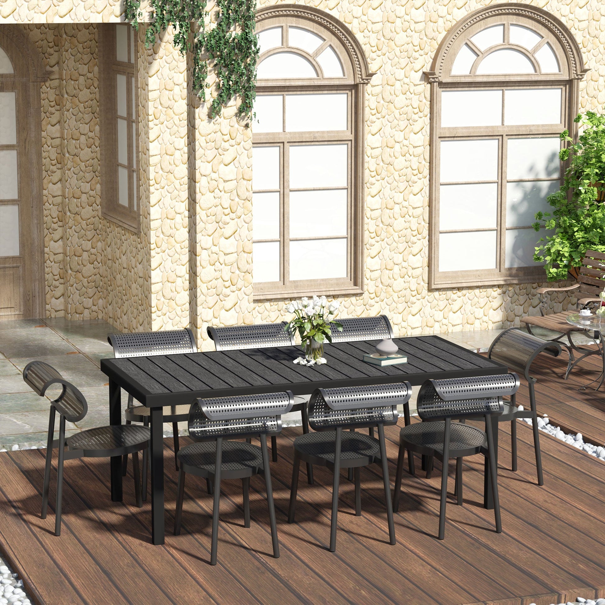 75" x 35" Outdoor Dining Table for 8 People, Rectangular Aluminum Frame Garden Table with All-Weather Faux Wood Top for Garden, Lawn, Patio, Black
