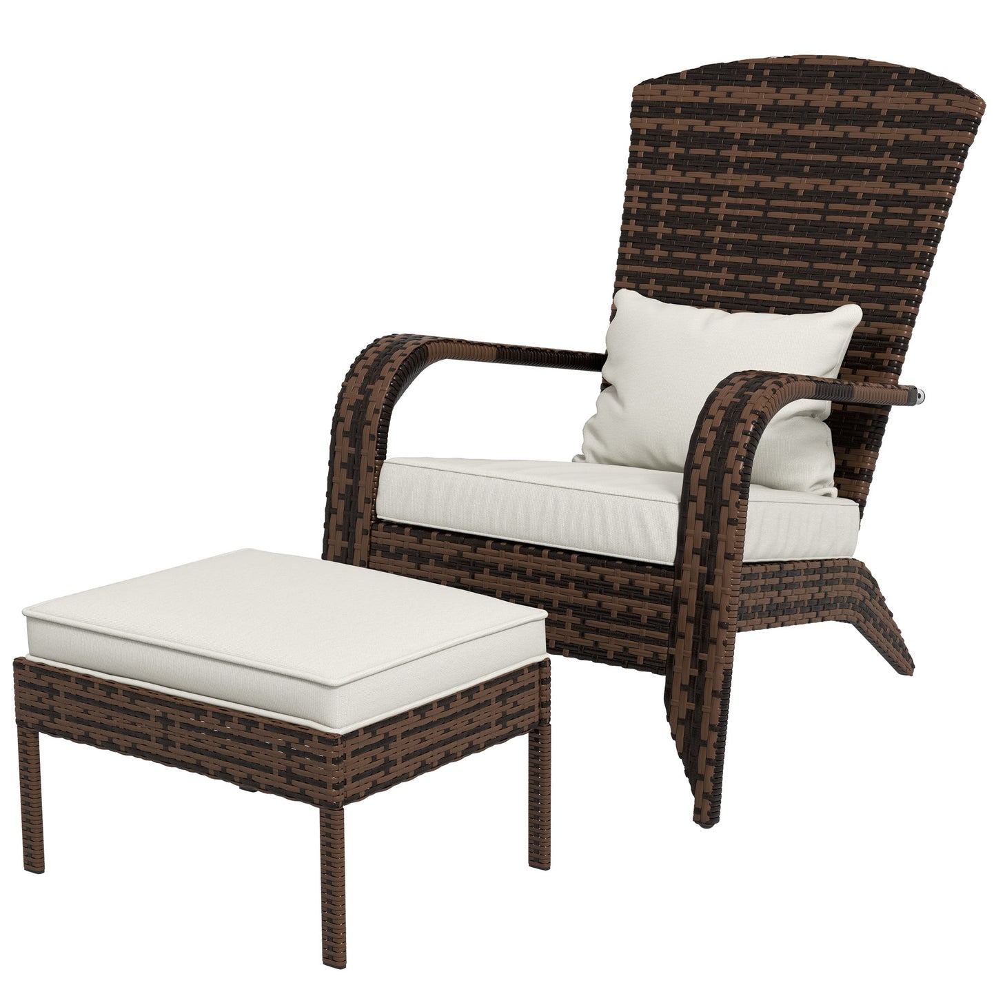 Wicker Adirondack Chair with Ottoman, Patio Cushioned Muskoka Chair, Outdoor Fire Pit Chair with High-back and Armrests, for Deck, Garden, Backyard, Brown/Cream White