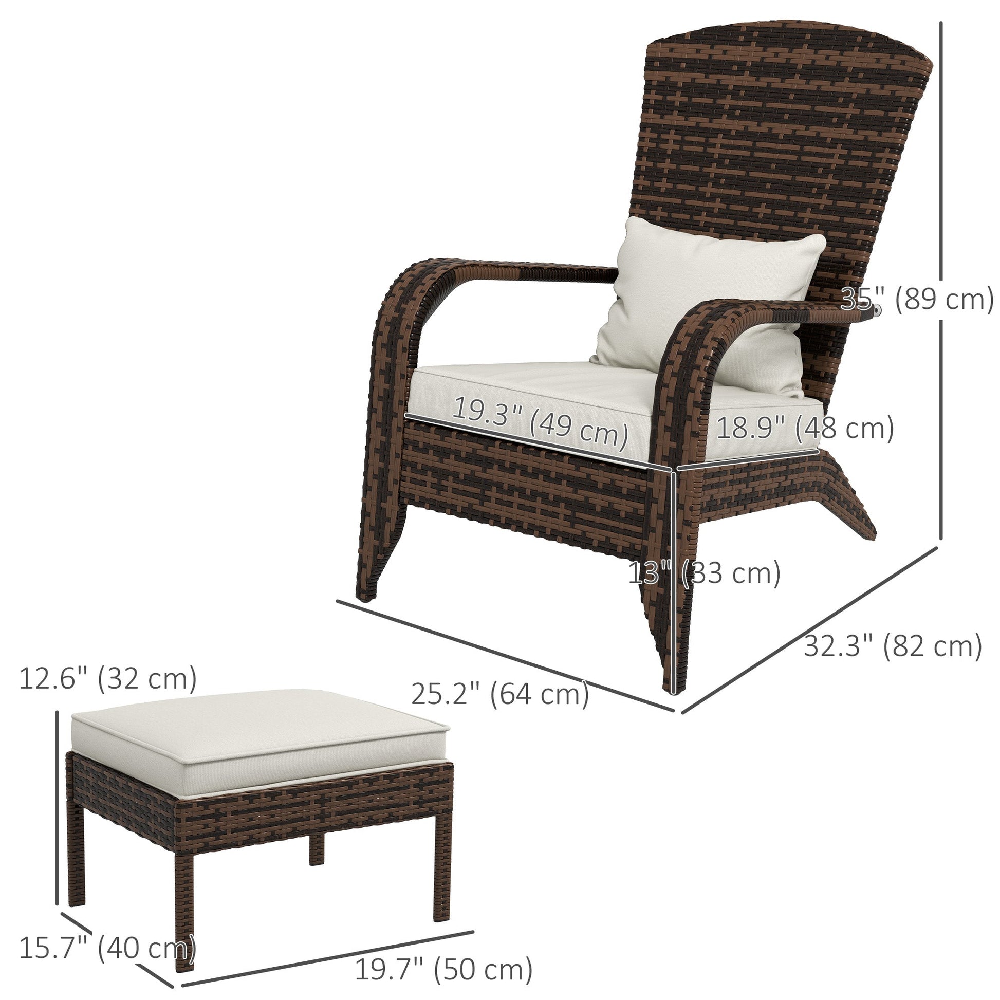 Wicker Adirondack Chair with Ottoman, Patio Cushioned Muskoka Chair, Outdoor Fire Pit Chair with High-back and Armrests, for Deck, Garden, Backyard, Brown/Cream White