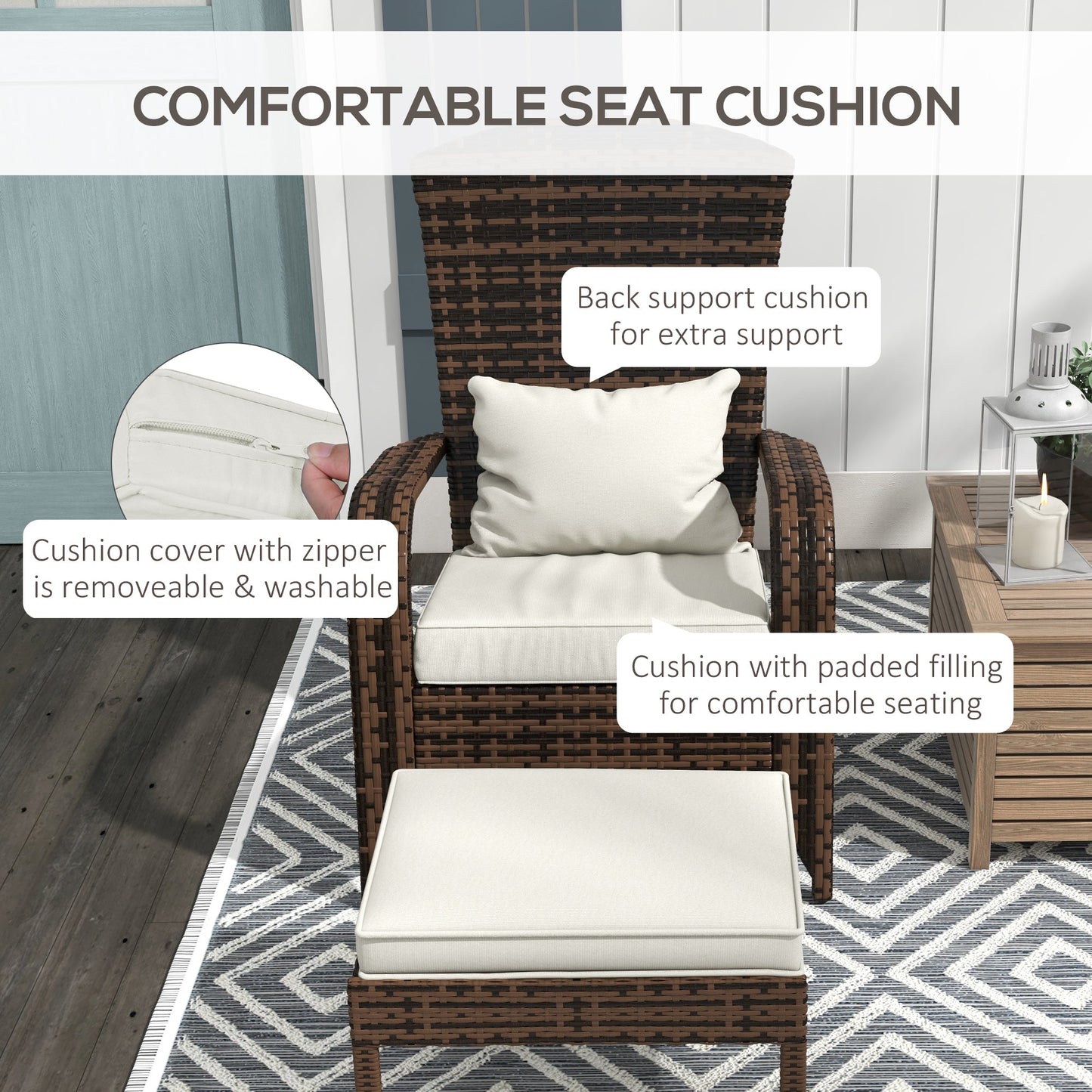 Wicker Adirondack Chair with Ottoman, Patio Cushioned Muskoka Chair, Outdoor Fire Pit Chair with High-back and Armrests, for Deck, Garden, Backyard, Brown/Cream White