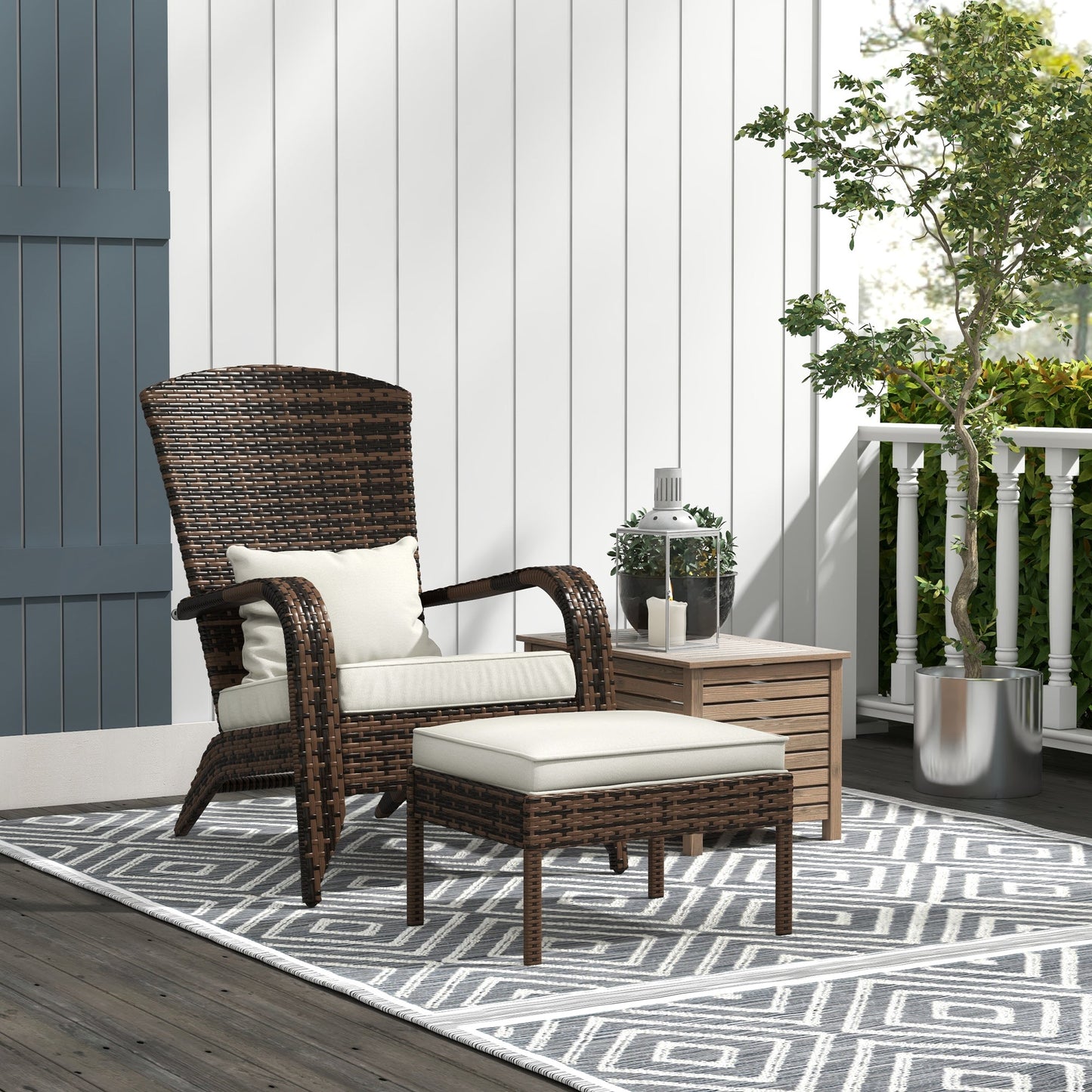 Wicker Adirondack Chair with Ottoman, Patio Cushioned Muskoka Chair, Outdoor Fire Pit Chair with High-back and Armrests, for Deck, Garden, Backyard, Brown/Cream White