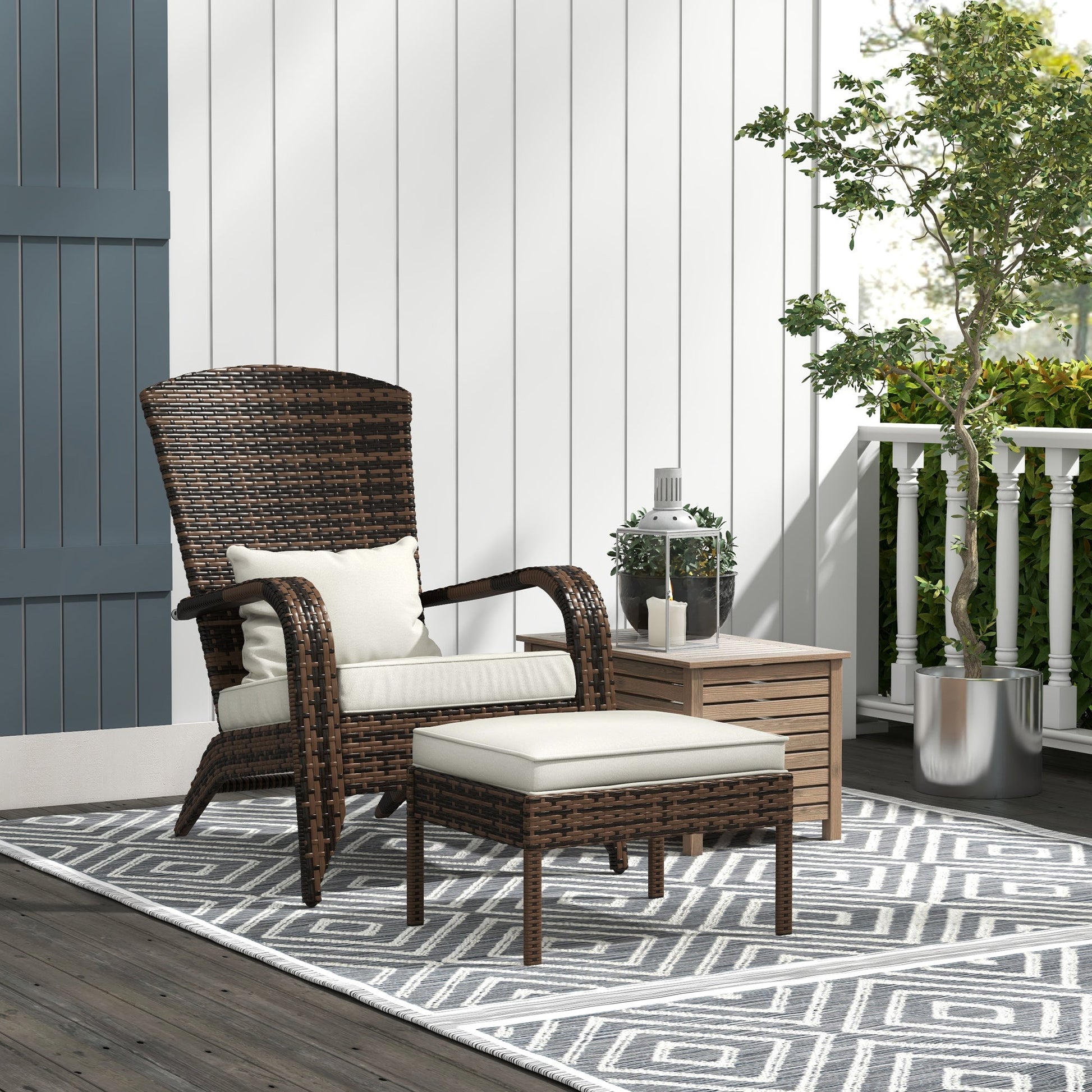 Wicker Adirondack Chair with Ottoman, Patio Cushioned Muskoka Chair, Outdoor Fire Pit Chair with High-back and Armrests, for Deck, Garden, Backyard, Brown/Cream White