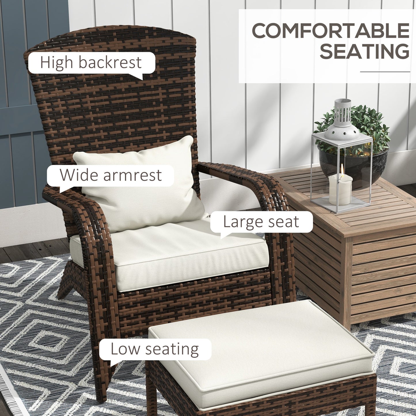 Wicker Adirondack Chair with Ottoman, Patio Cushioned Muskoka Chair, Outdoor Fire Pit Chair with High-back and Armrests, for Deck, Garden, Backyard, Brown/Cream White