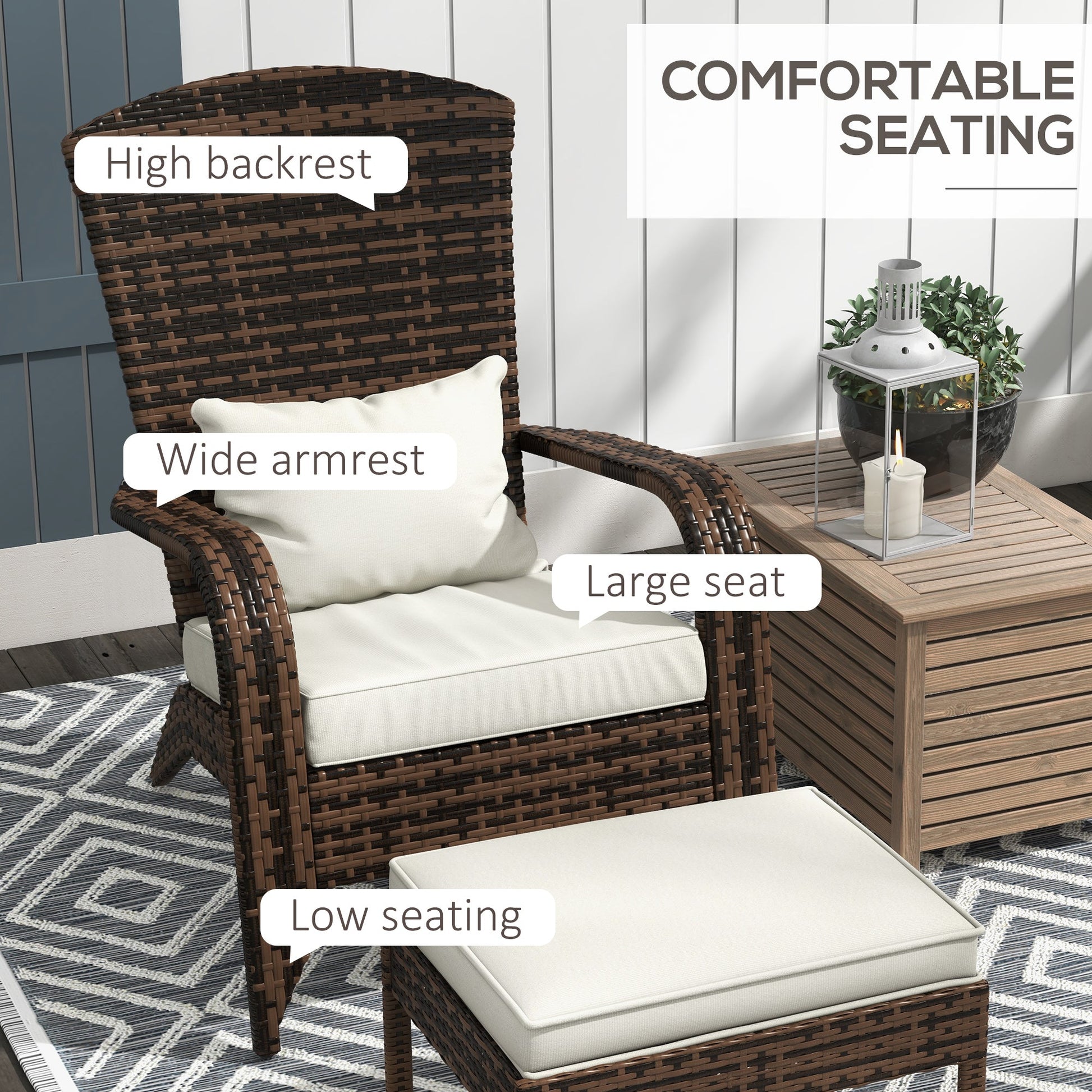 Wicker Adirondack Chair with Ottoman, Patio Cushioned Muskoka Chair, Outdoor Fire Pit Chair with High-back and Armrests, for Deck, Garden, Backyard, Brown/Cream White