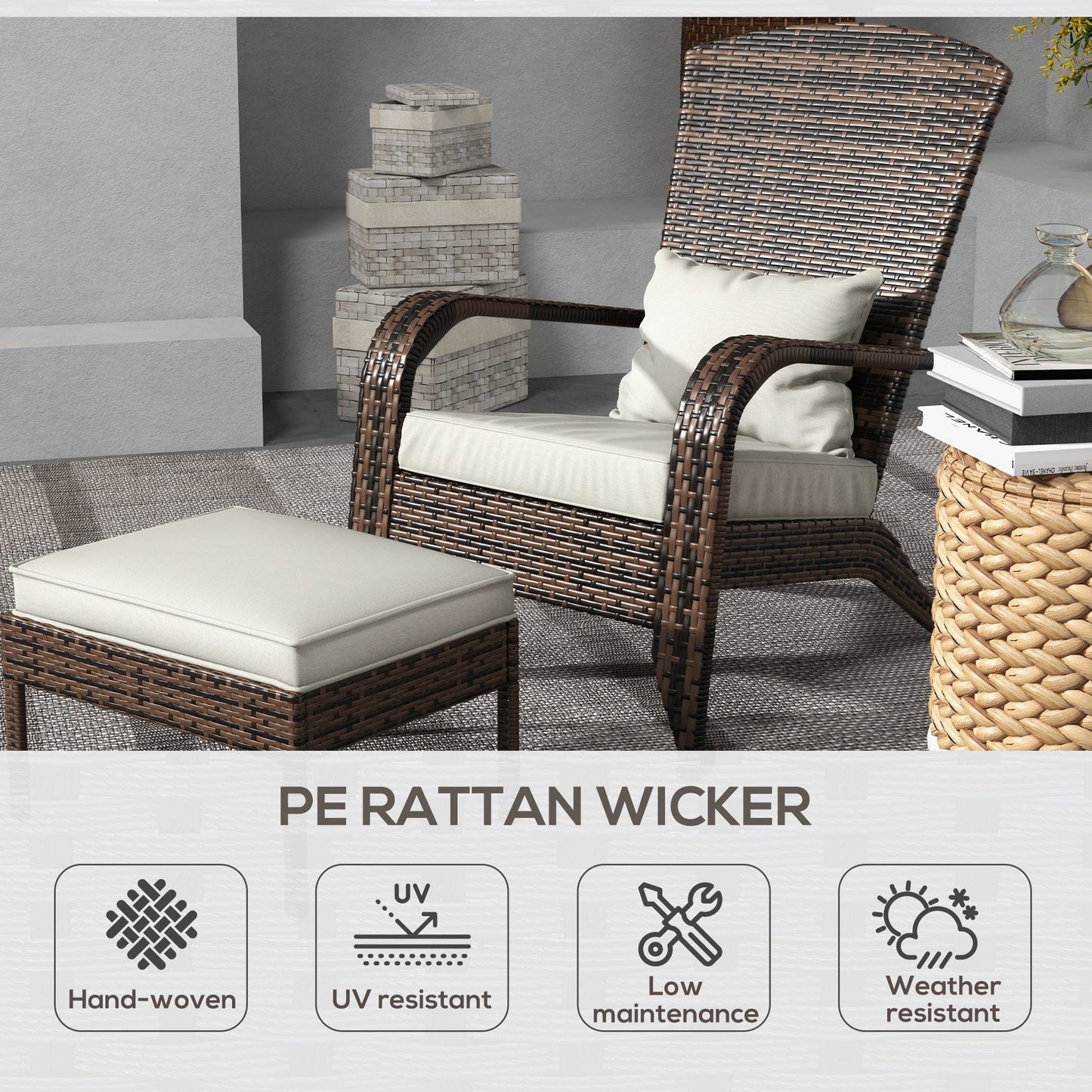 Wicker Adirondack Chair with Ottoman, Patio Cushioned Muskoka Chair, Outdoor Fire Pit Chair with High-back and Armrests, for Deck, Garden, Backyard, Brown/Cream White