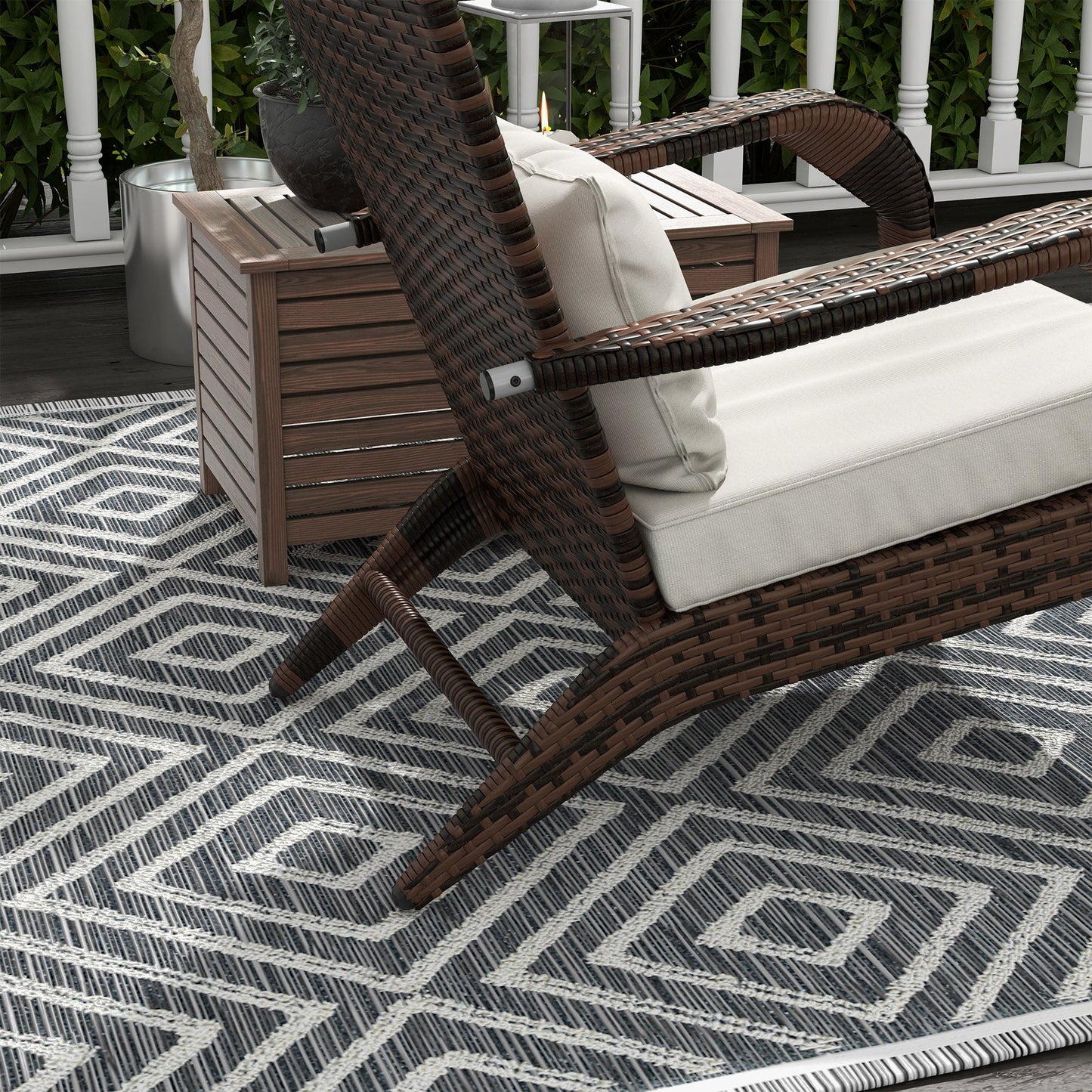 Wicker Adirondack Chair with Ottoman, Patio Cushioned Muskoka Chair, Outdoor Fire Pit Chair with High-back and Armrests, for Deck, Garden, Backyard, Brown/Cream White