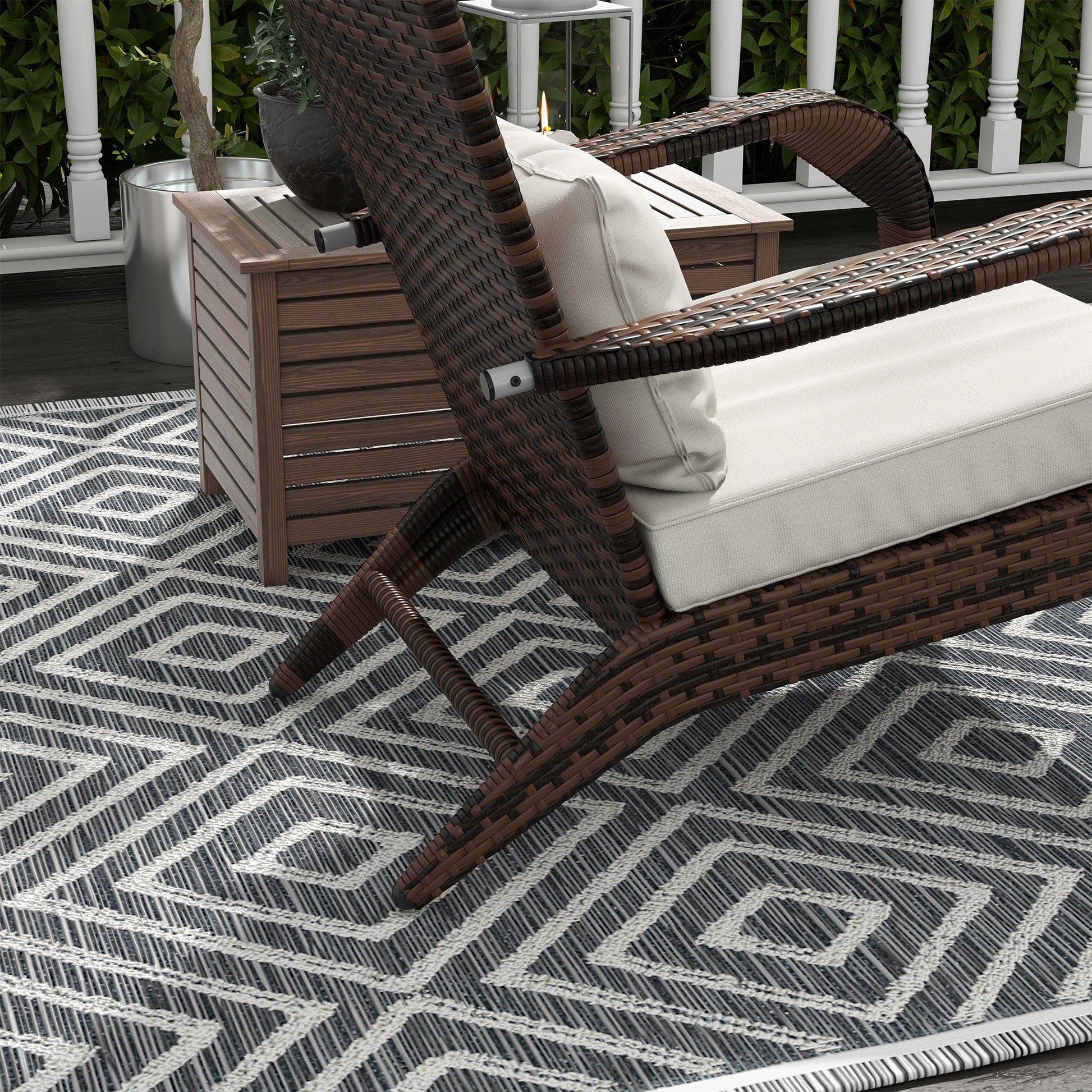 Wicker Adirondack Chair with Ottoman, Patio Cushioned Muskoka Chair, Outdoor Fire Pit Chair with High-back and Armrests, for Deck, Garden, Backyard, Brown/Cream White