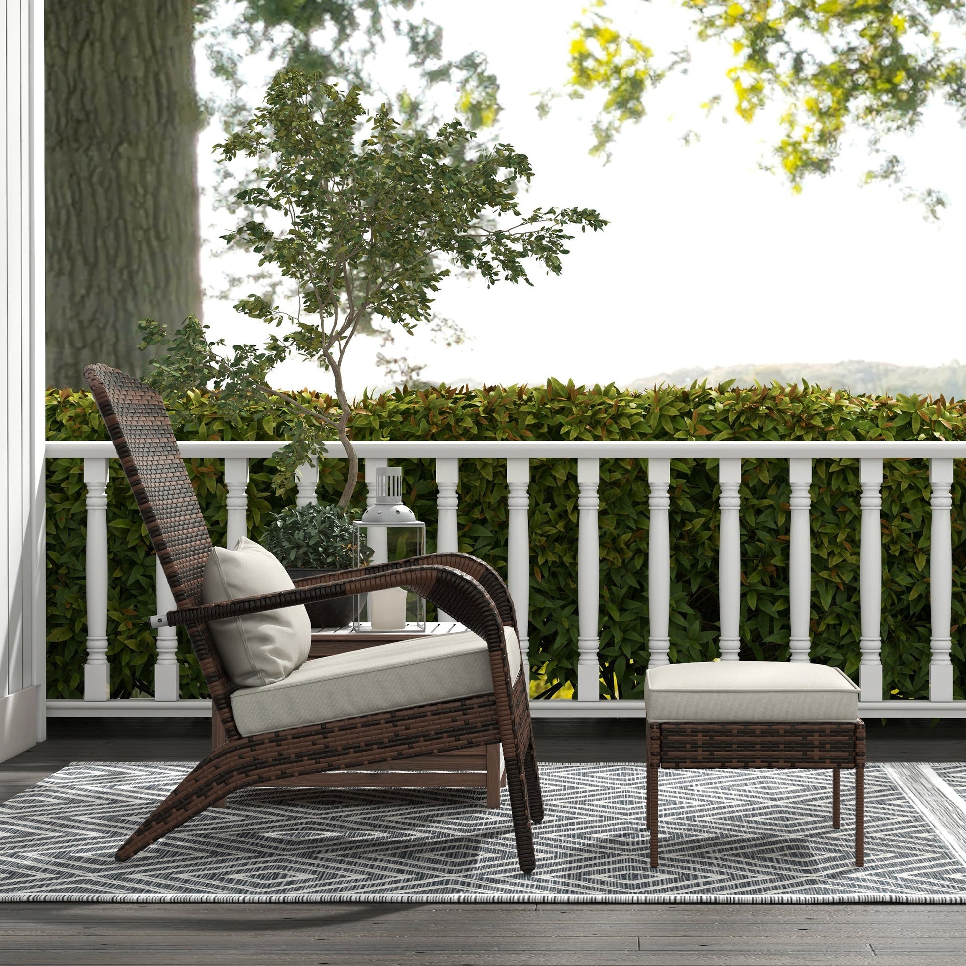 Wicker Adirondack Chair with Ottoman, Patio Cushioned Muskoka Chair, Outdoor Fire Pit Chair with High-back and Armrests, for Deck, Garden, Backyard, Brown/Cream White
