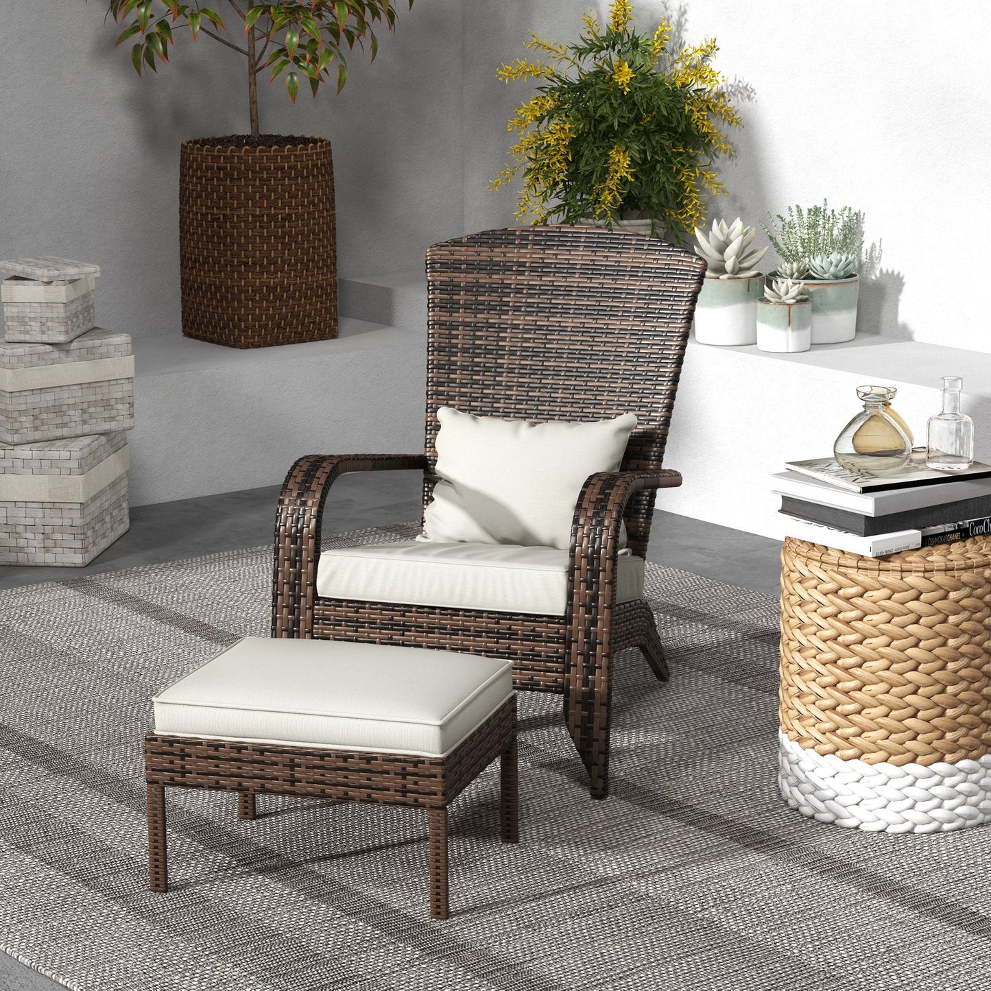 Wicker Adirondack Chair with Ottoman, Patio Cushioned Muskoka Chair, Outdoor Fire Pit Chair with High-back and Armrests, for Deck, Garden, Backyard, Brown/Cream White