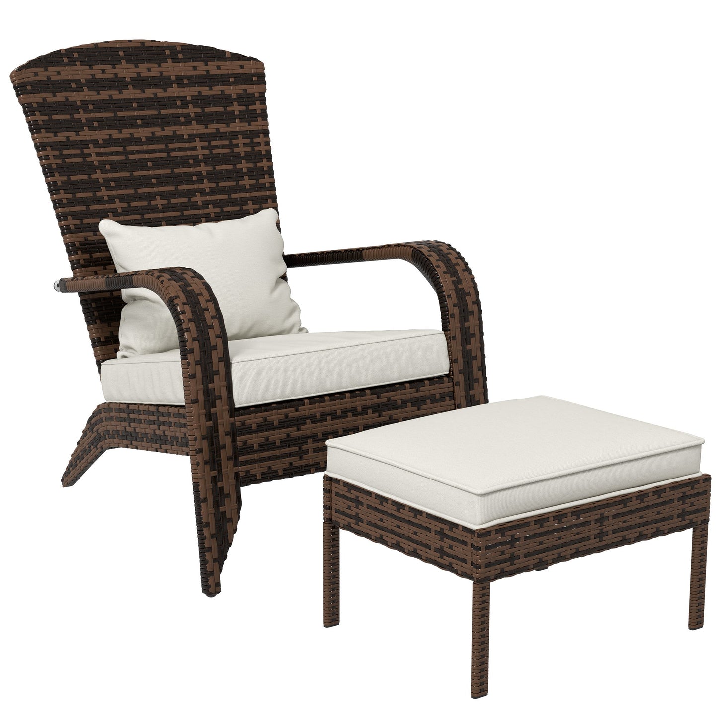Wicker Adirondack Chair with Ottoman, Patio Cushioned Muskoka Chair, Outdoor Fire Pit Chair with High-back and Armrests, for Deck, Garden, Backyard, Brown/Cream White