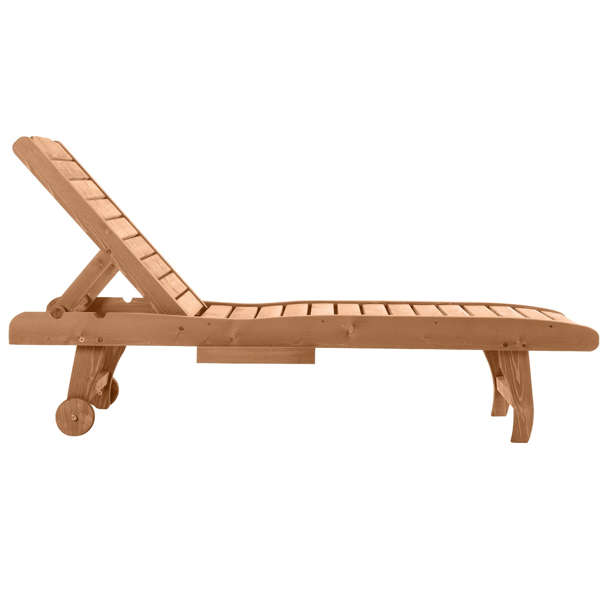 Wooden Outdoor Lounge Chair, Adjustable Patio Outdoor Chaise Recliner Garden Furniture, Tanning Chair with Pull-out Tray and 2 Wheels, Brown