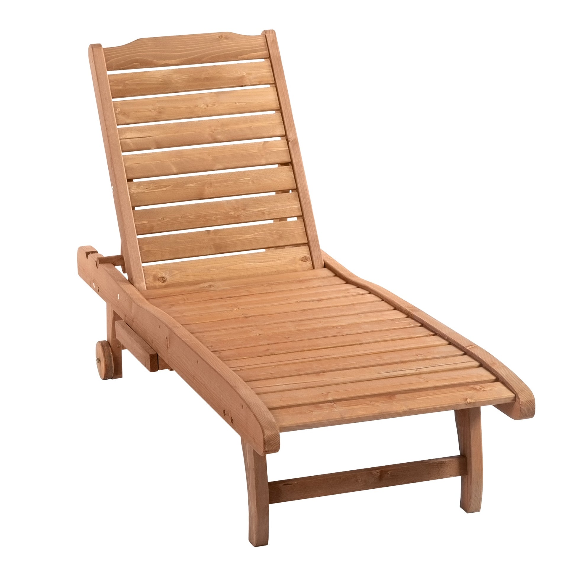 Wooden Outdoor Lounge Chair, Adjustable Patio Outdoor Chaise Recliner Garden Furniture, Tanning Chair with Pull-out Tray and 2 Wheels, Brown