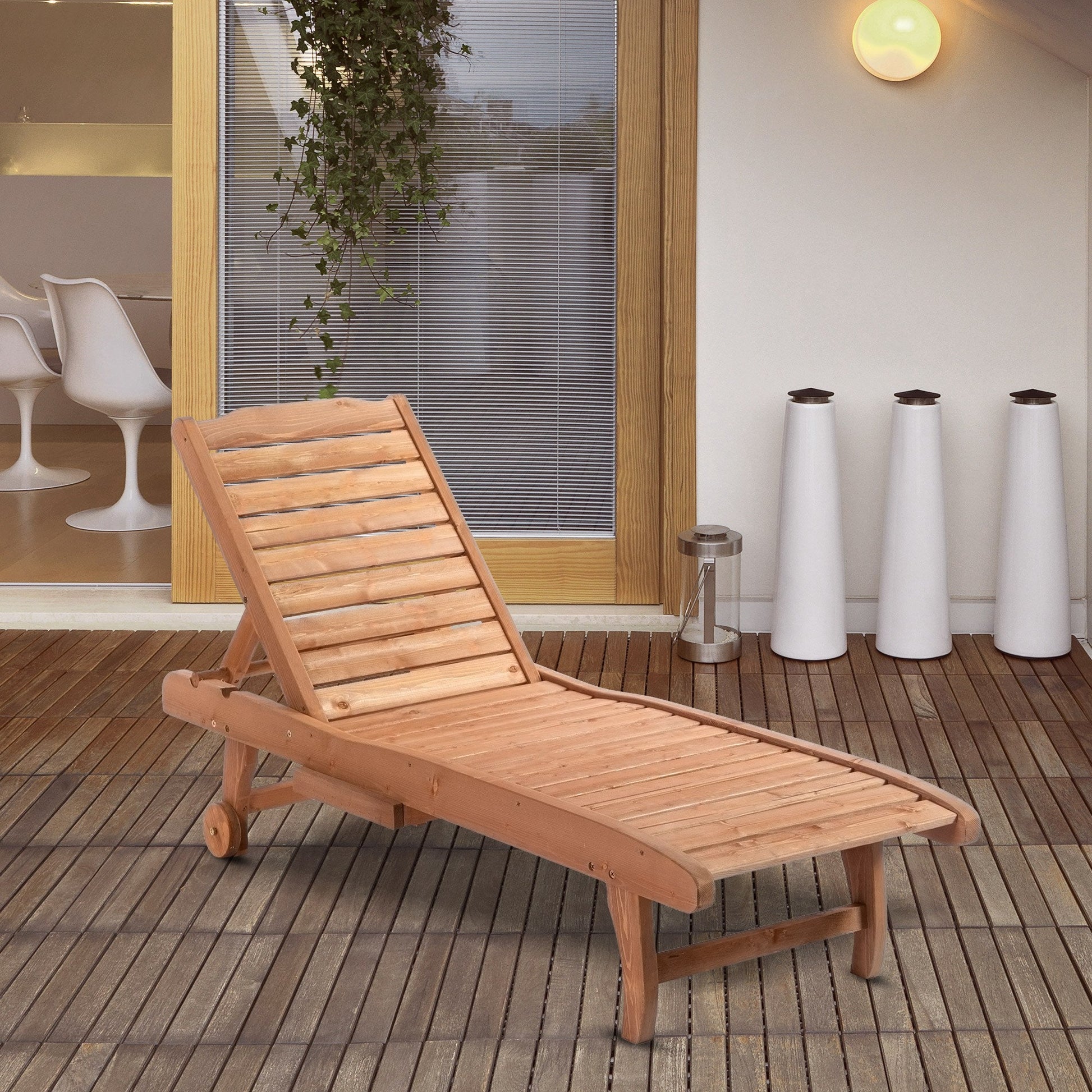 Wooden Outdoor Lounge Chair, Adjustable Patio Outdoor Chaise Recliner Garden Furniture, Tanning Chair with Pull-out Tray and 2 Wheels, Brown